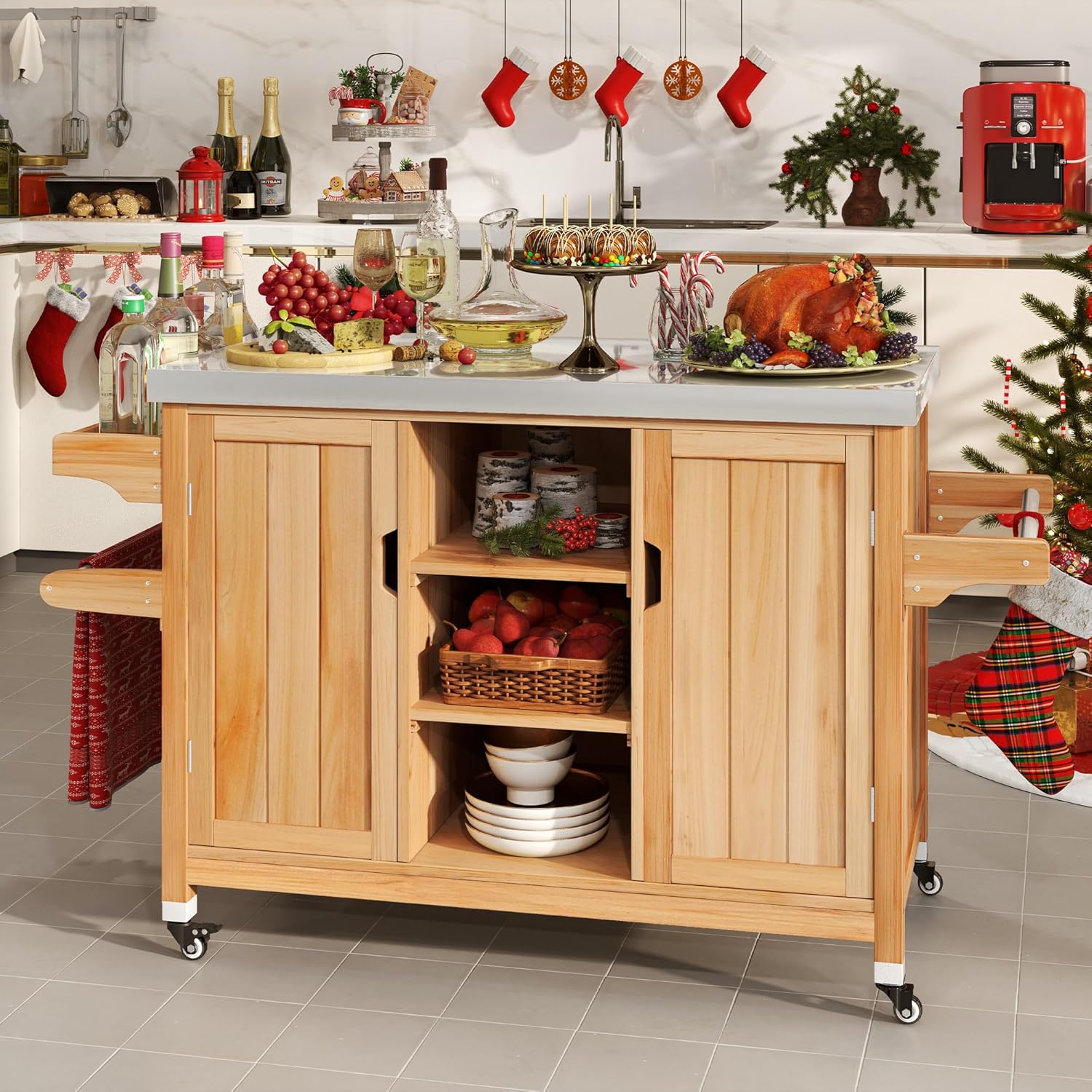 YITAHOME Solid Wood Kitchen Island with Stainless Tabletop