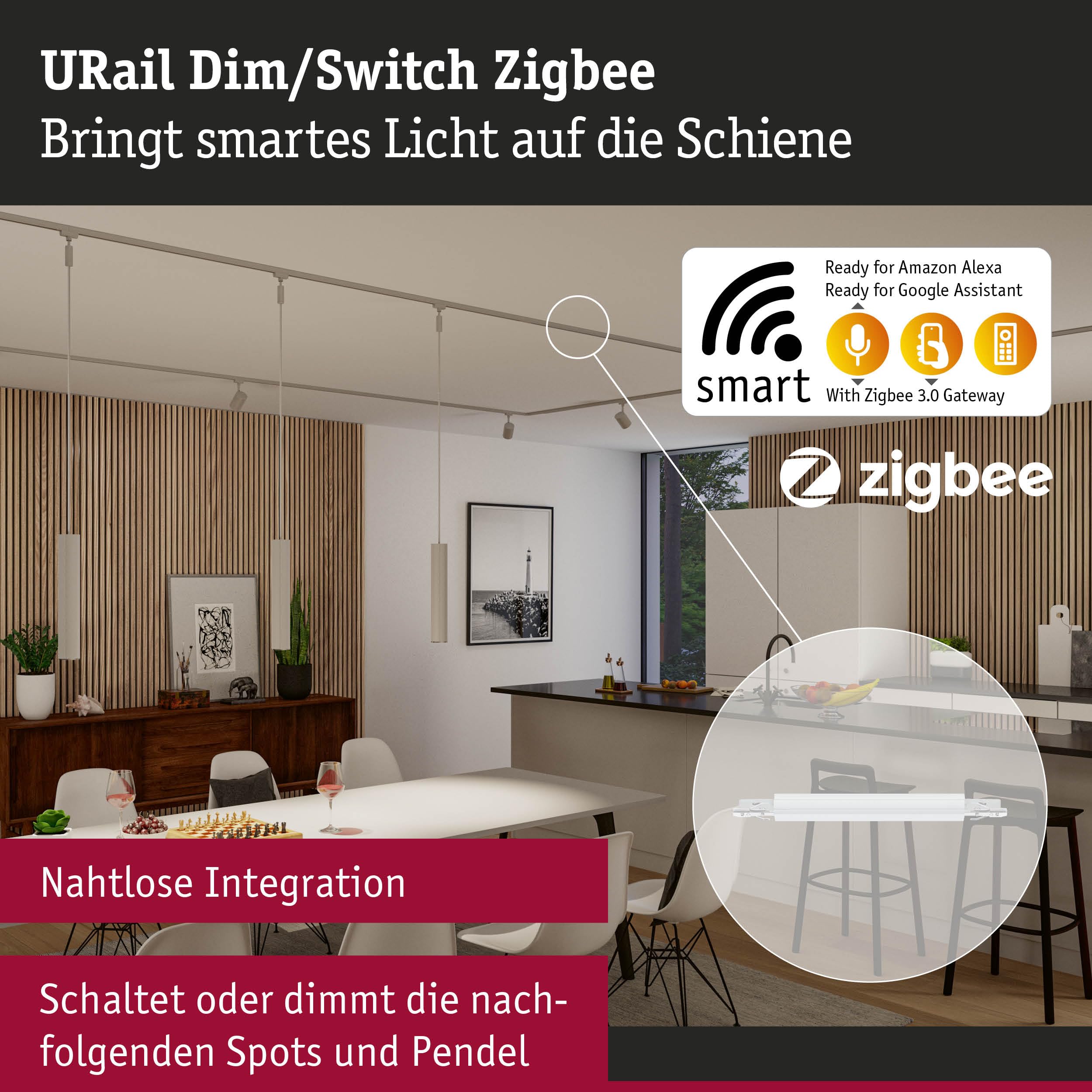 Paulmann 95673 URail Schienenadapter Zigbee 3.0 Dimm/Switch 240x21 mm max. 50W Chrom matt