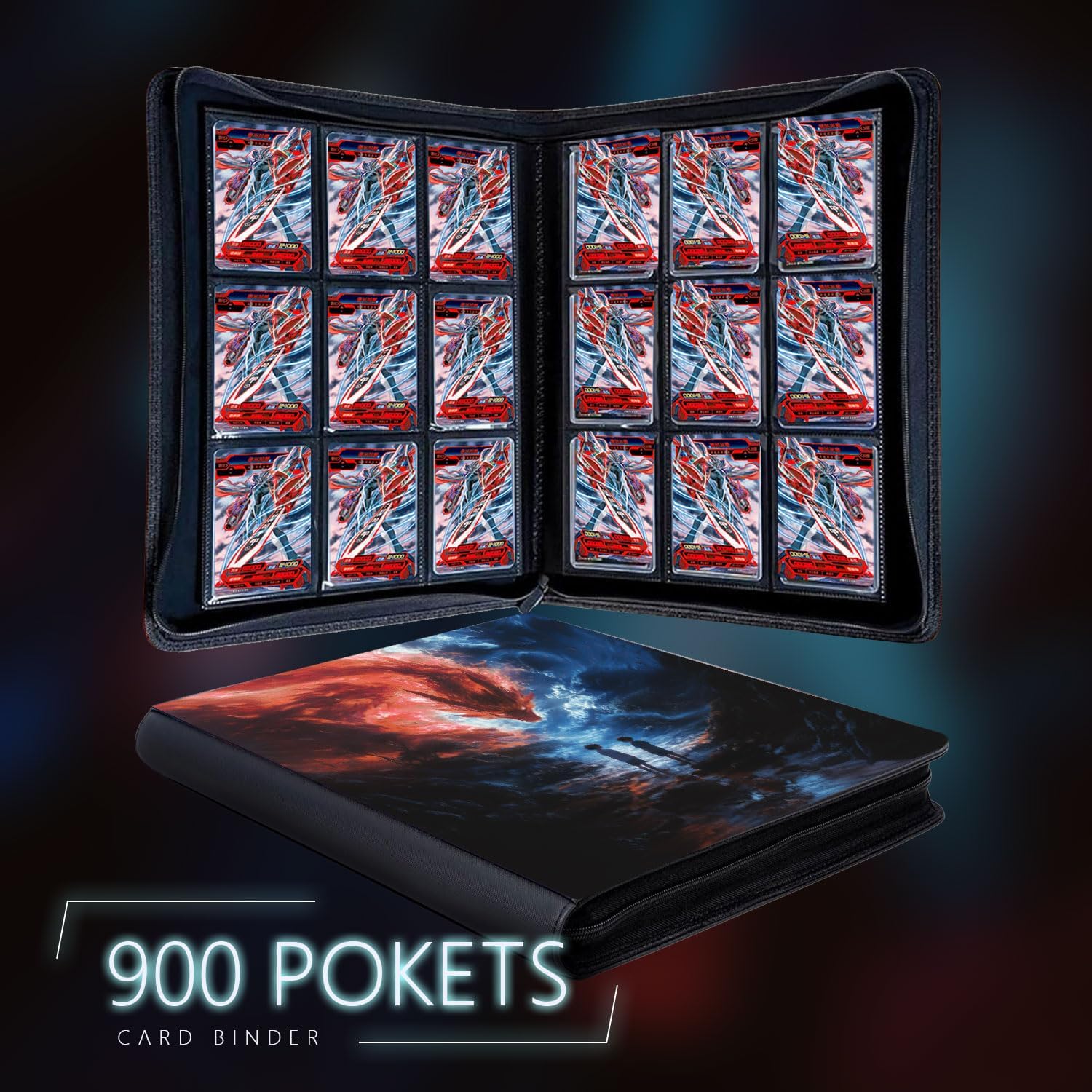 9 Pocket Trading Card Binder,Card Binder for 900 Cards,50 Side-Loading Pages, Folder Zipper Waterproof Albums for Collectible Card Games,Sports,Christmas Gifts for Grandkids,(EX-E)