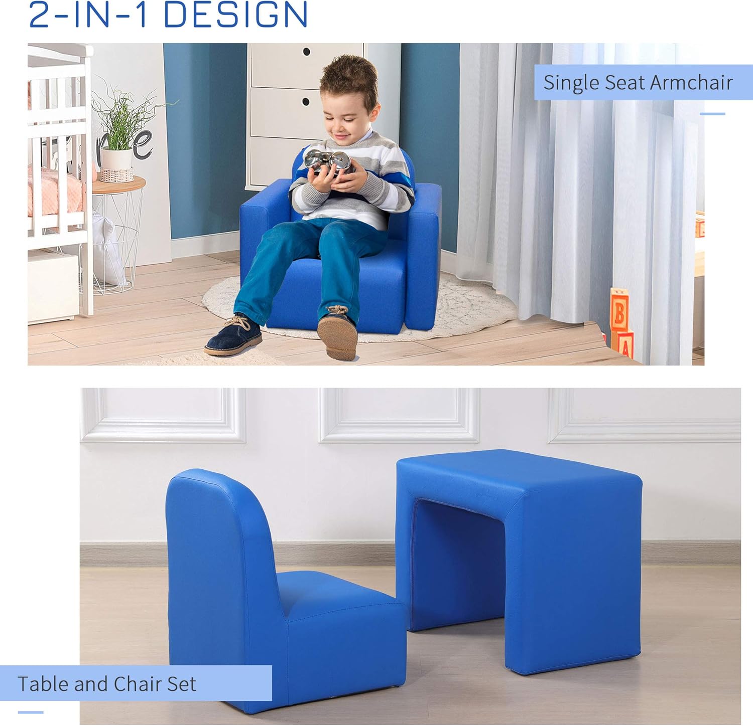 Qaba 2-in-1 Multifunctional Kids Sofa Convertible Table and Chair Set for Boys Girls, Blue