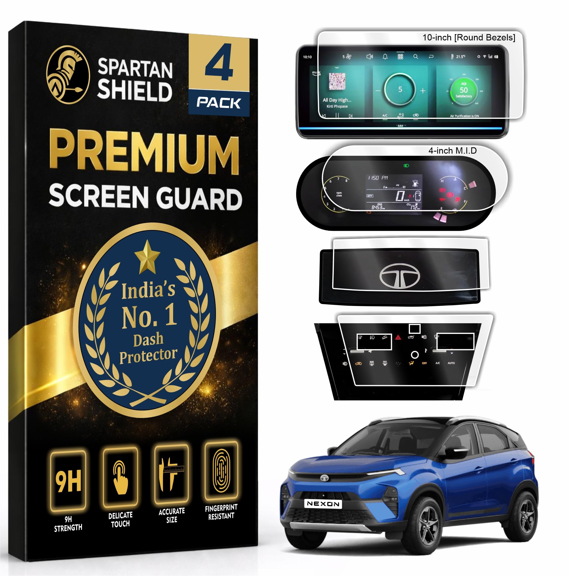 {4 PACK) Screen Guard For TATA NEXON 2026 || 10.25 INCH INFOTAINMENT [ROUNDED CORNERS] + 4 inches MID + TOUCH AC PANEL + STEERING CLUSTER Protector Accessories [Not Tempered Glass]
