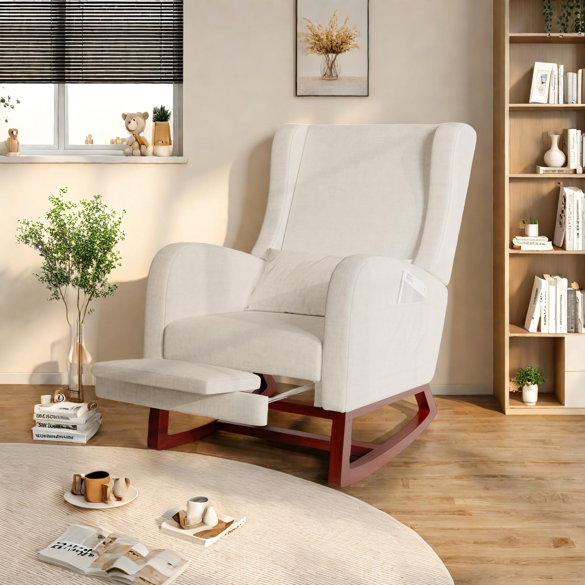 Mecedora, sillón de lactancia con reposapiés ajustable, cojín lumbar, respaldo y reposabrazos, silla basculante para salón o dormitorio, color beige, 67 x 64 x 99 cm