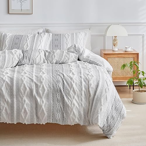 Miniatura 2 de Juego de funda de edredón tamaño Queen, 3 piezas, suave, estilo desgastado y bohemio, juego de funda de edredón copetuda con 2 fundas de almohada