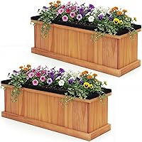 Vista 13 de Giantex Cama de jardín elevada de madera de acacia, maceta rectangular con huecos de drenaje, soporte de ventana de pie para flores, verduras