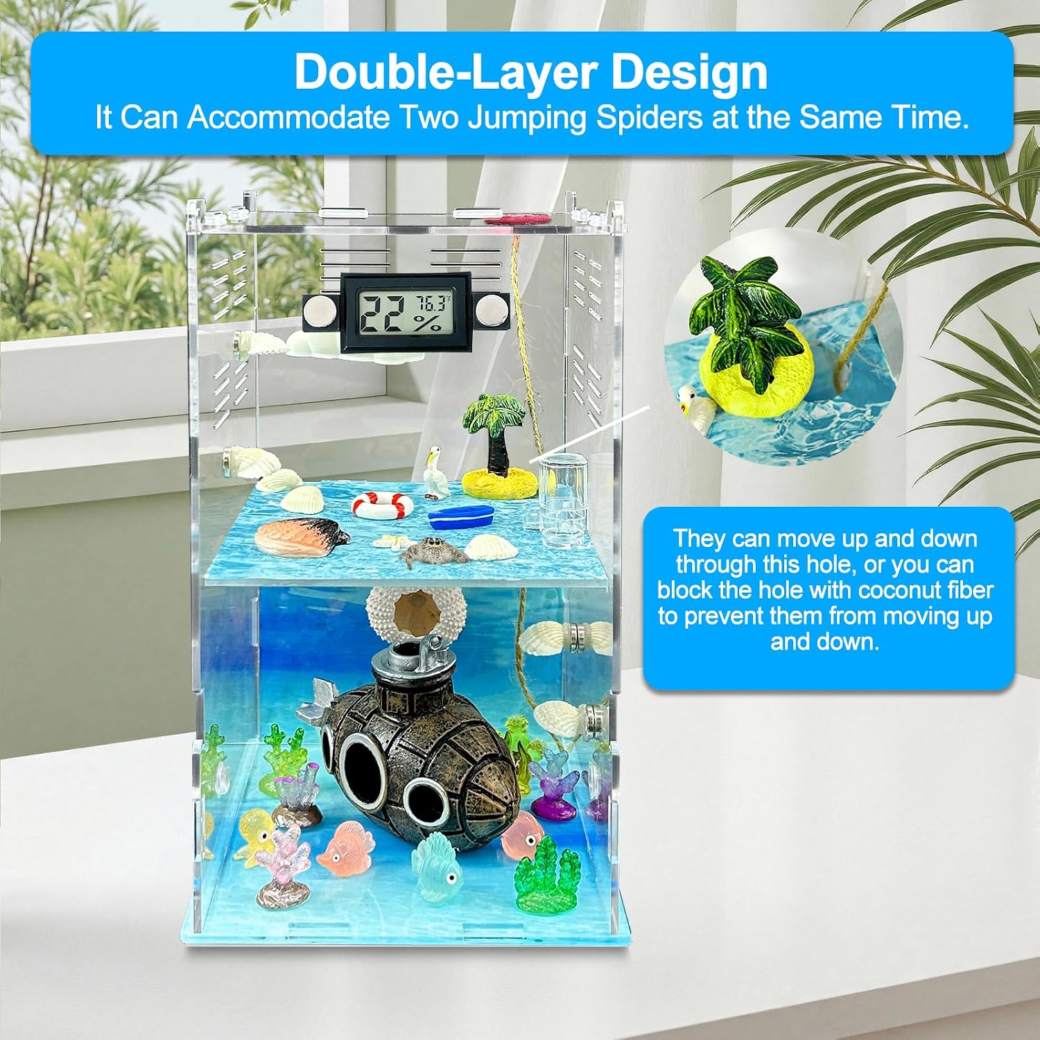 Jumping Spider Enclosure,DIY Insects Habitat,Small Reptile Terrarium Glass House Accessories Set,with Temperature and Humidity Detector Water Feeder Platform Hide,5.5“x5.5”x9.5“ (Ocean) image 3