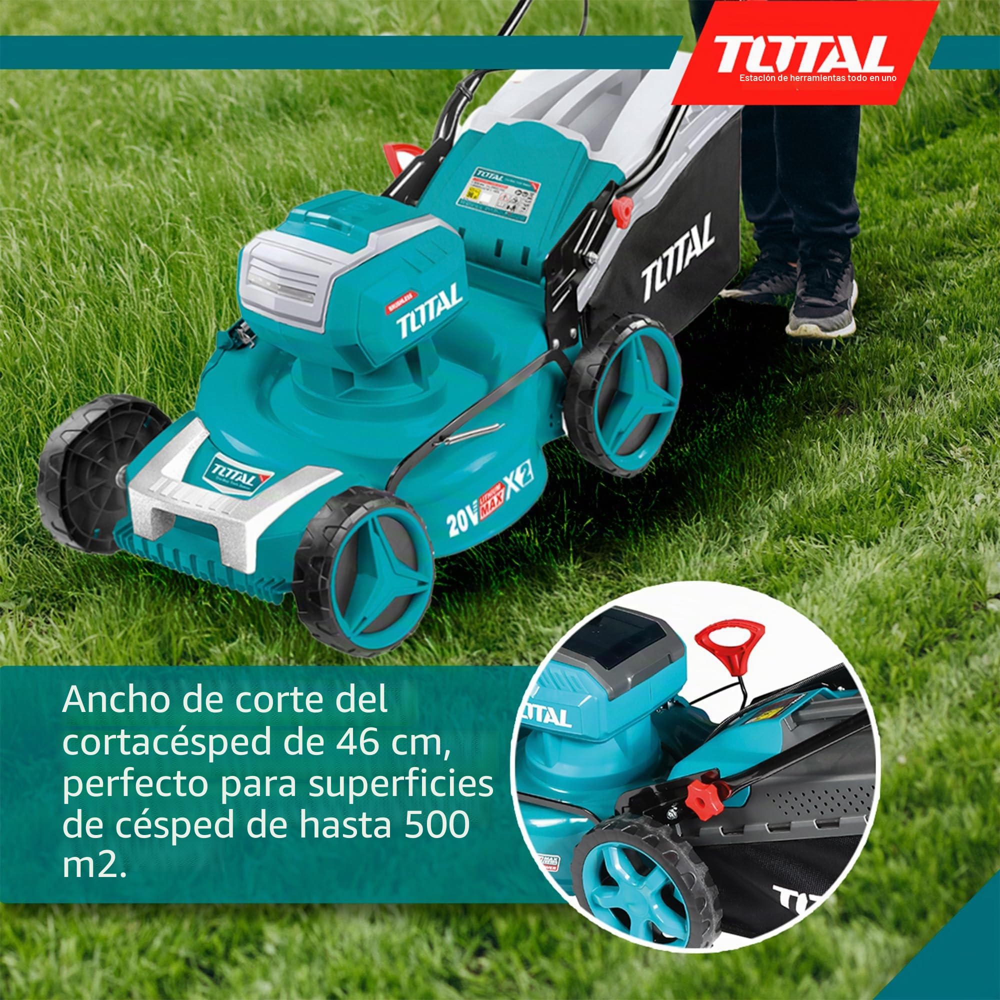 TOTAL - Cortacésped Brushless A Batería | Batería de 40V de Larga Duración | Incluye 2 Baterías y Cargador Rápido Doble | Fácil de Montar |con Ajuste de Altura | Cómodo de Manejar