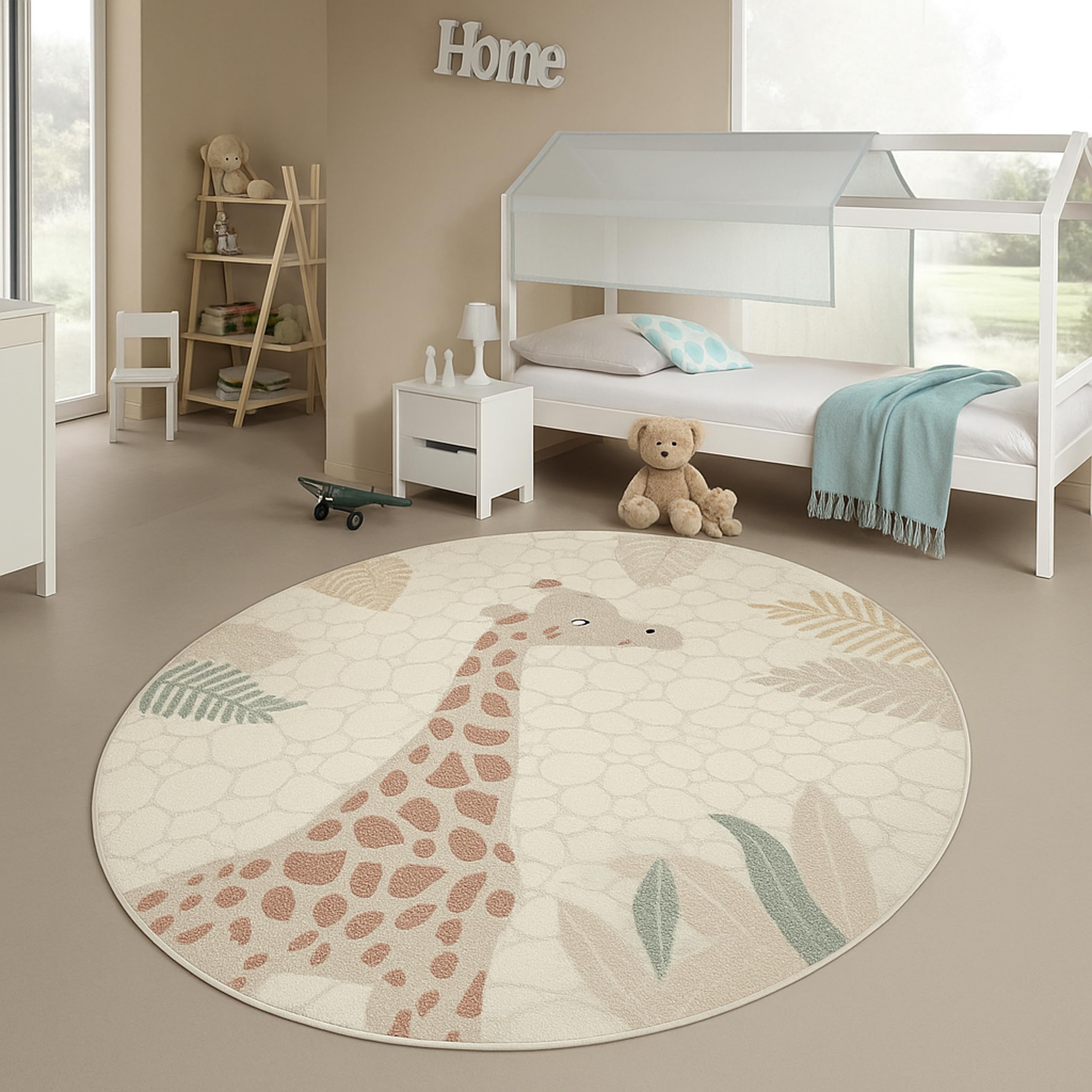Teppich-Traum Tapis pour enfant - Doux et facile d'entretien - Résistant - Motif girafe mignonne avec feuilles - Vert crème - 120 cm - Rond