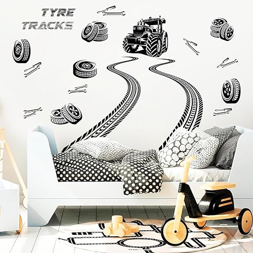 Miniatura 3 de Calcomanías de pared para pista de neumáticos, calcomanías de pared de tractor, calcomanías de pared para vehículos, camiones, calcomanías de banda