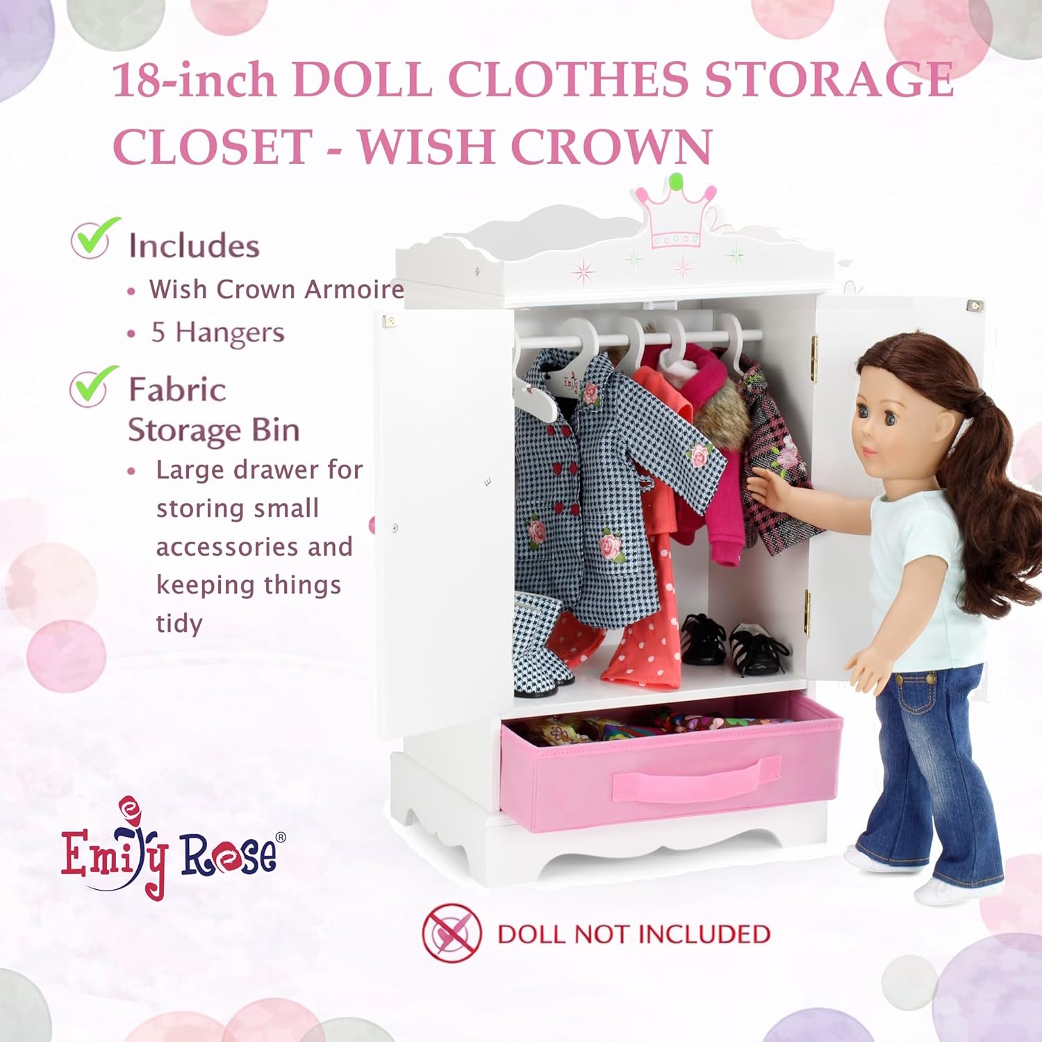 Emily Rose 18 Inch Doll Clothes Armoire Closet Wardrobe – Wish Crown Collection Wooden Storage Cabinet with Hanging Rod, 5 Hangers & Fabric Bin – Fits American Girl & Most 18” Dolls – Easy Assembly