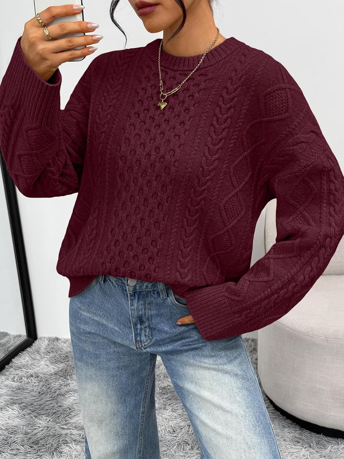 Trendy Queen Oversized Cable Knit Sweaters for Women Trendy 2026 Fall Fashion Outfits Pullover Crewneck Sweaters Tops - Image 2