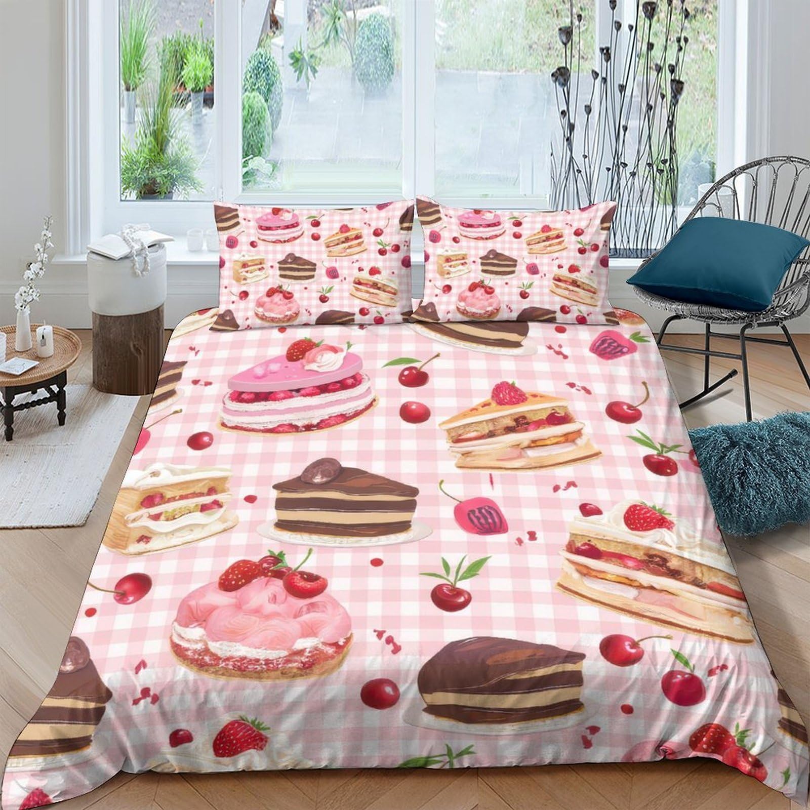Ctjqhvkz Style-2 3D Printed Cake Dessert Fitted Sheet Microfiber Soft Bedroom Decor Cherry Pastry Bed Cover For Home Dorm Single（135X200cm）