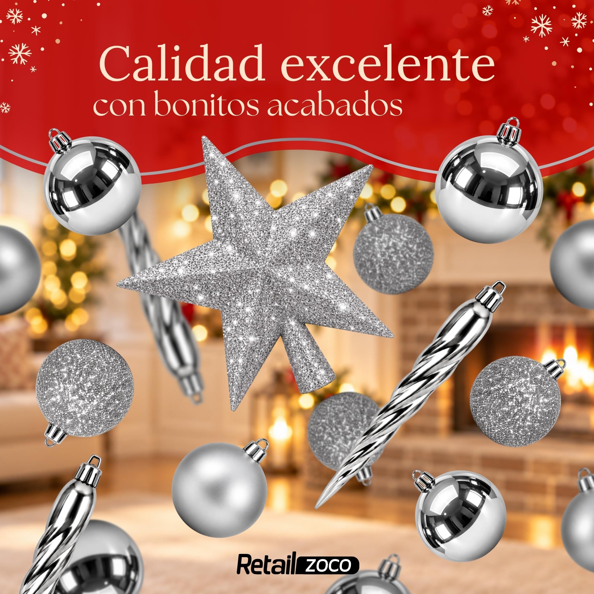Bolas de Navidad, Adornos Arbol Navidad, 33 Piezas, Plateado - imagen 6