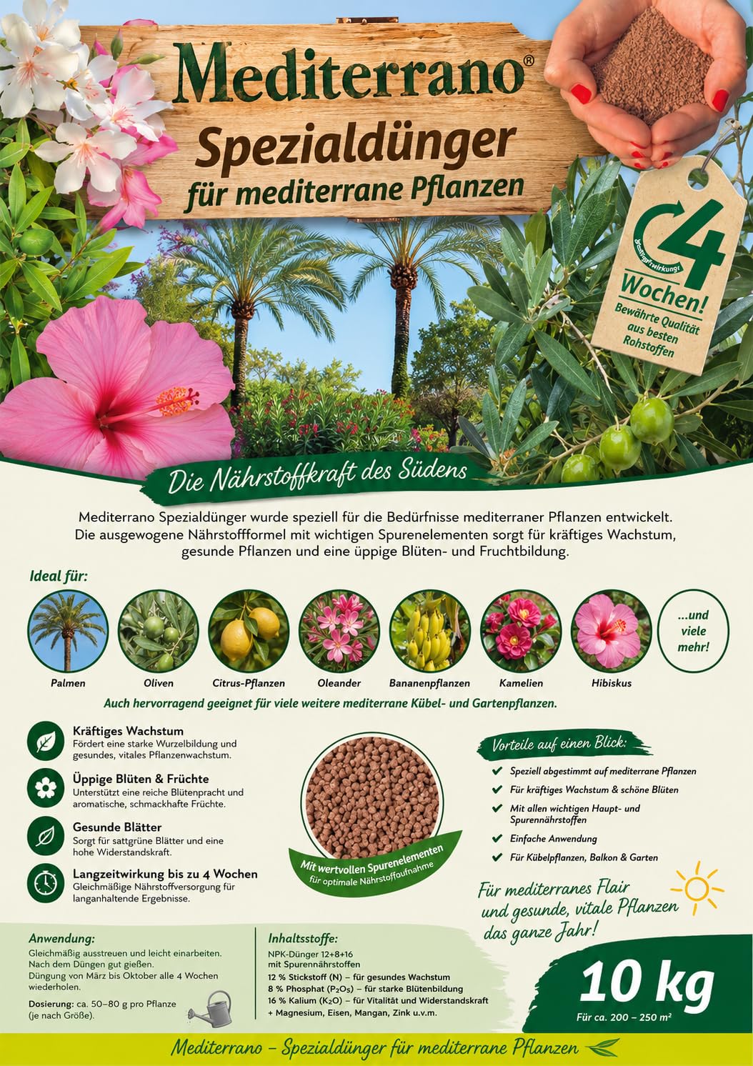 Mediterrano Spezial Dünger – Premium-Nährstofflösung für mediterrane & heimische Pflanzen premium Qualität für Ihre Pflanzen 10 KG