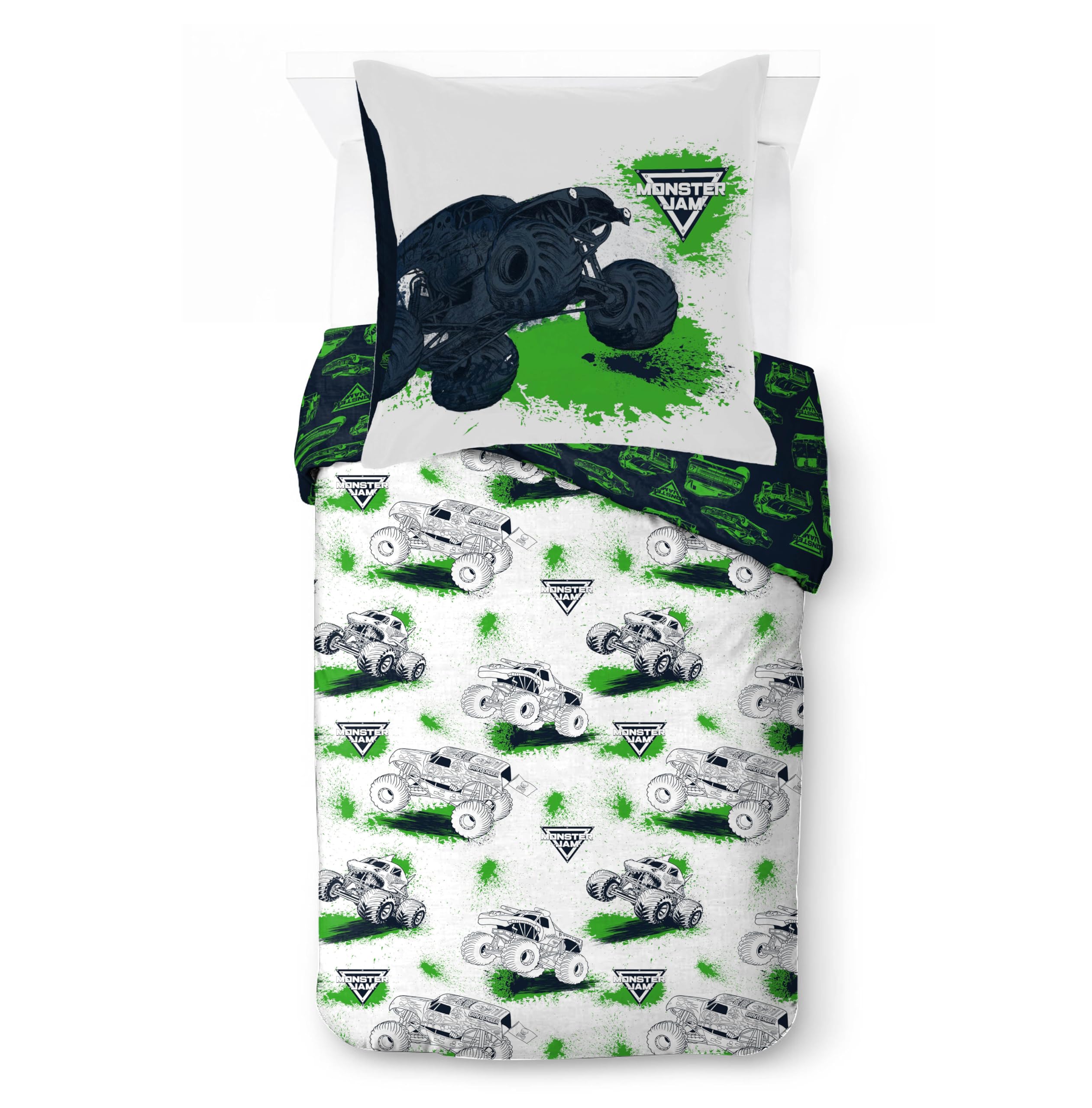 Jay Franco Kids Feld Monster Jam Set copripiumino – Biancheria da letto morbidissima con federa, SOLO COPERTA, piumone non incluso, bianco, 2 pezzi singolo
