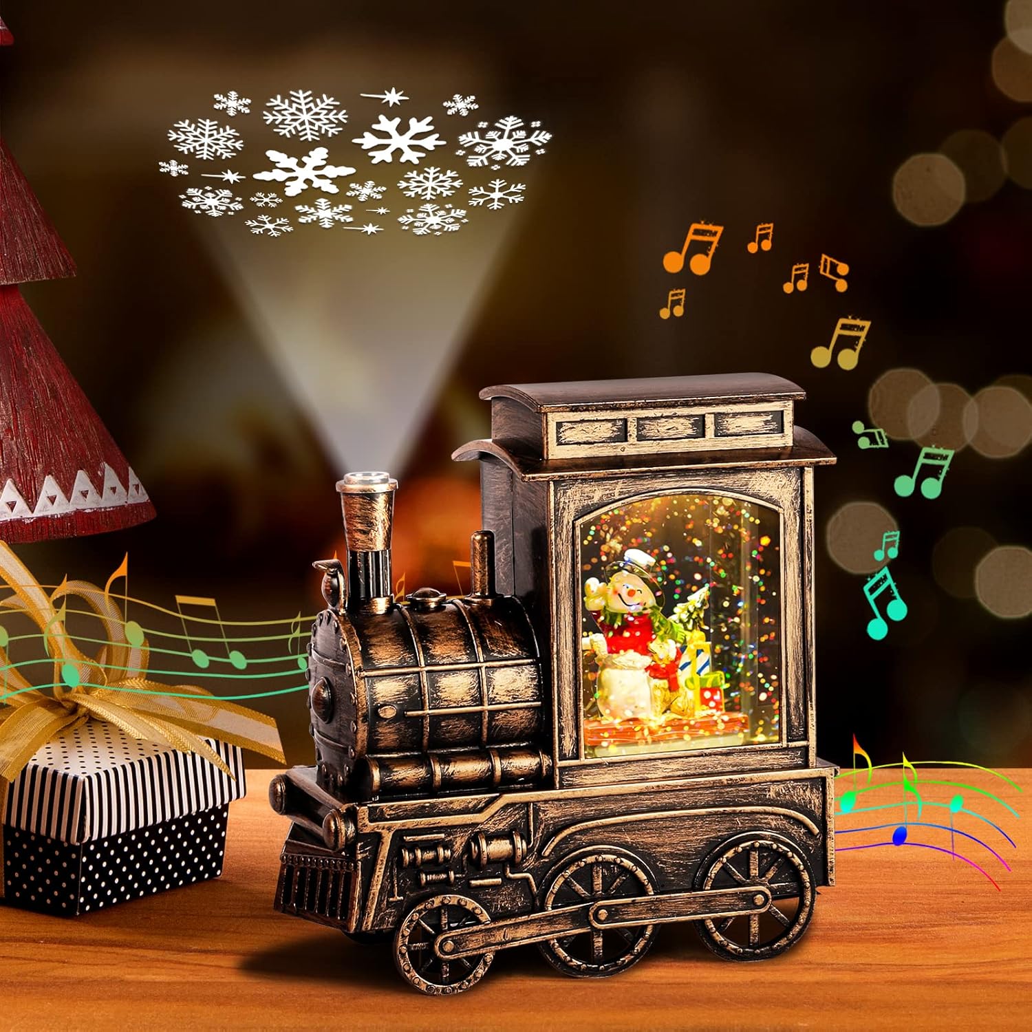 Christmas Snow Globes, Vintage Musical Christmas Snow Globe Lantern with Snowflake Projection, Lighted Christmas Train Snow Globe with Snowman Water Swirling Glitter and 6H Timer, Xmas Gift