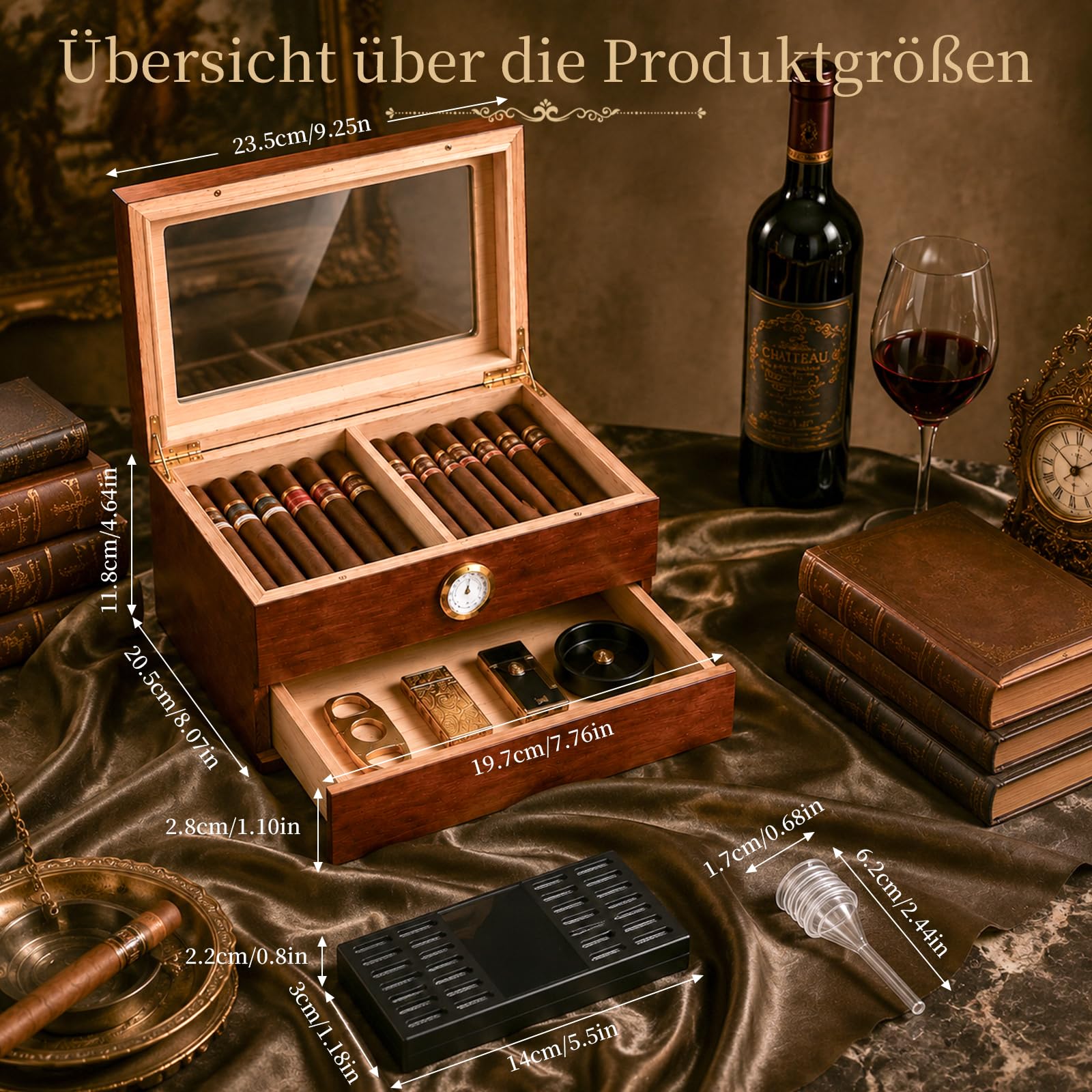 Umidificatore per sigari, a doppio strato, in legno di cedro spagnolo, con umidificatore, igrometro, divisore, idea regalo per uomini (30-40 sigari)