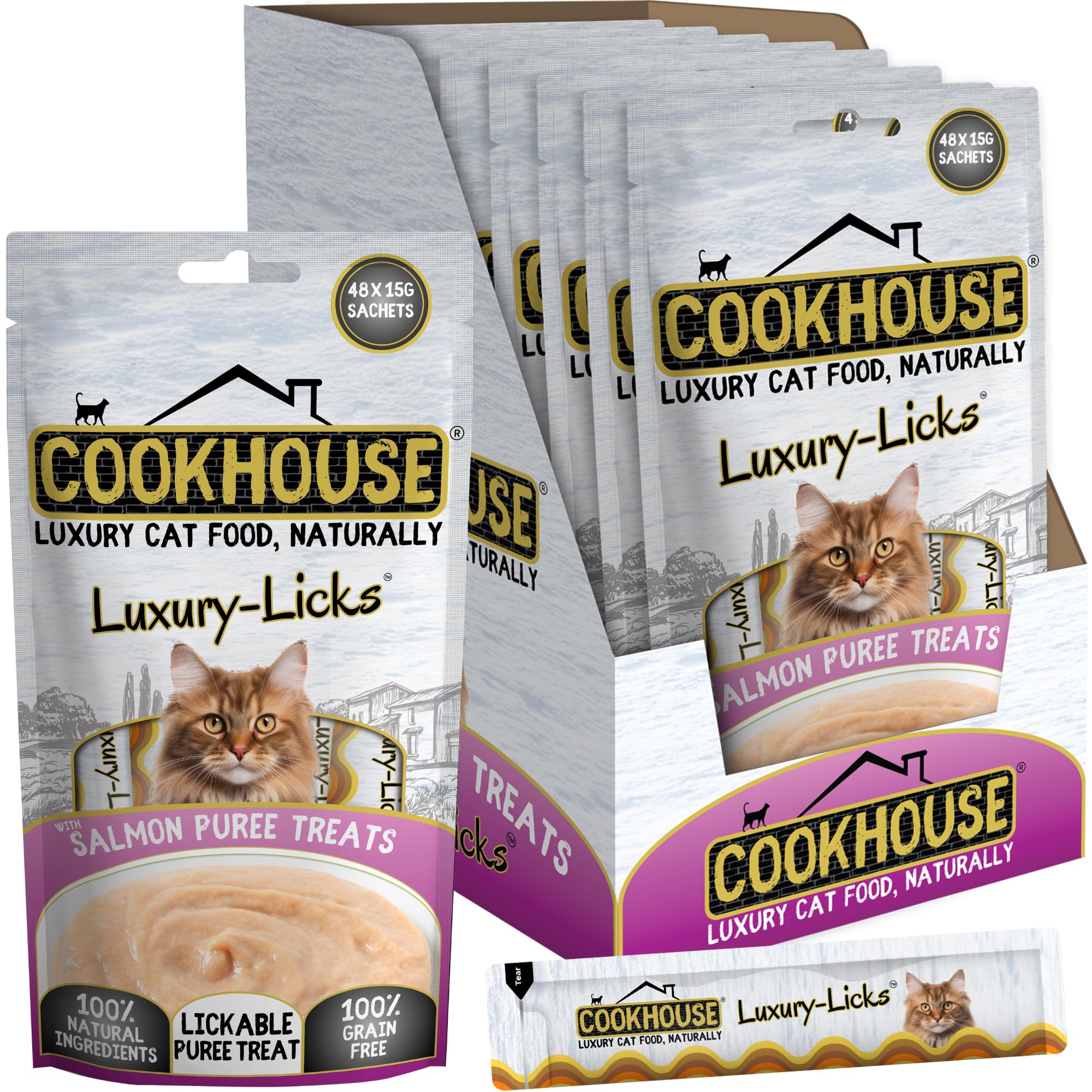 COOKHOUSE Luxury Licks Lickable Cat & Kitten Treats, Salmon, 48 x 15g Sachets, Soft & Creamy Puree, Healthy & Grain Free