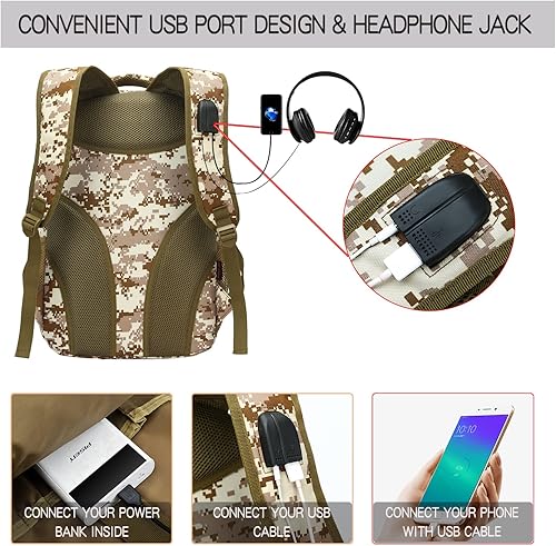 Miniatura 3 de outdoor plus Mochila de camuflaje para niños, mochila militar para adolescentes con puerto USB, bolsa de libros del ejército para la escuela