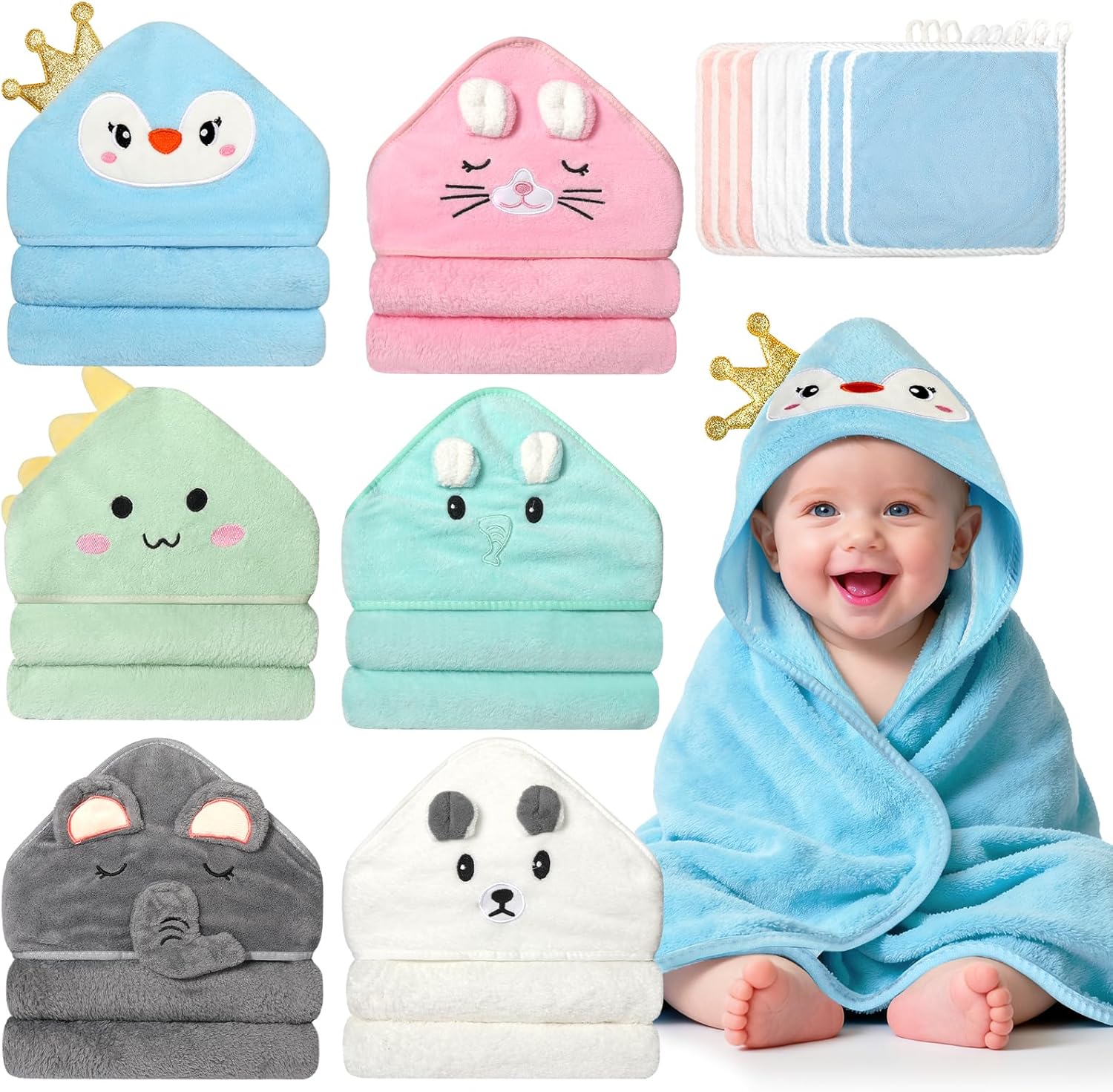 VZZNN 15 PCS Hooded Baby Towels 31.5x31.5 in Soft Absorbent Baby Bath Towel 6 PCS Animal Towels & 9 PCS Washcloths Set Bath Essential for Newborns Toddlers and Kids