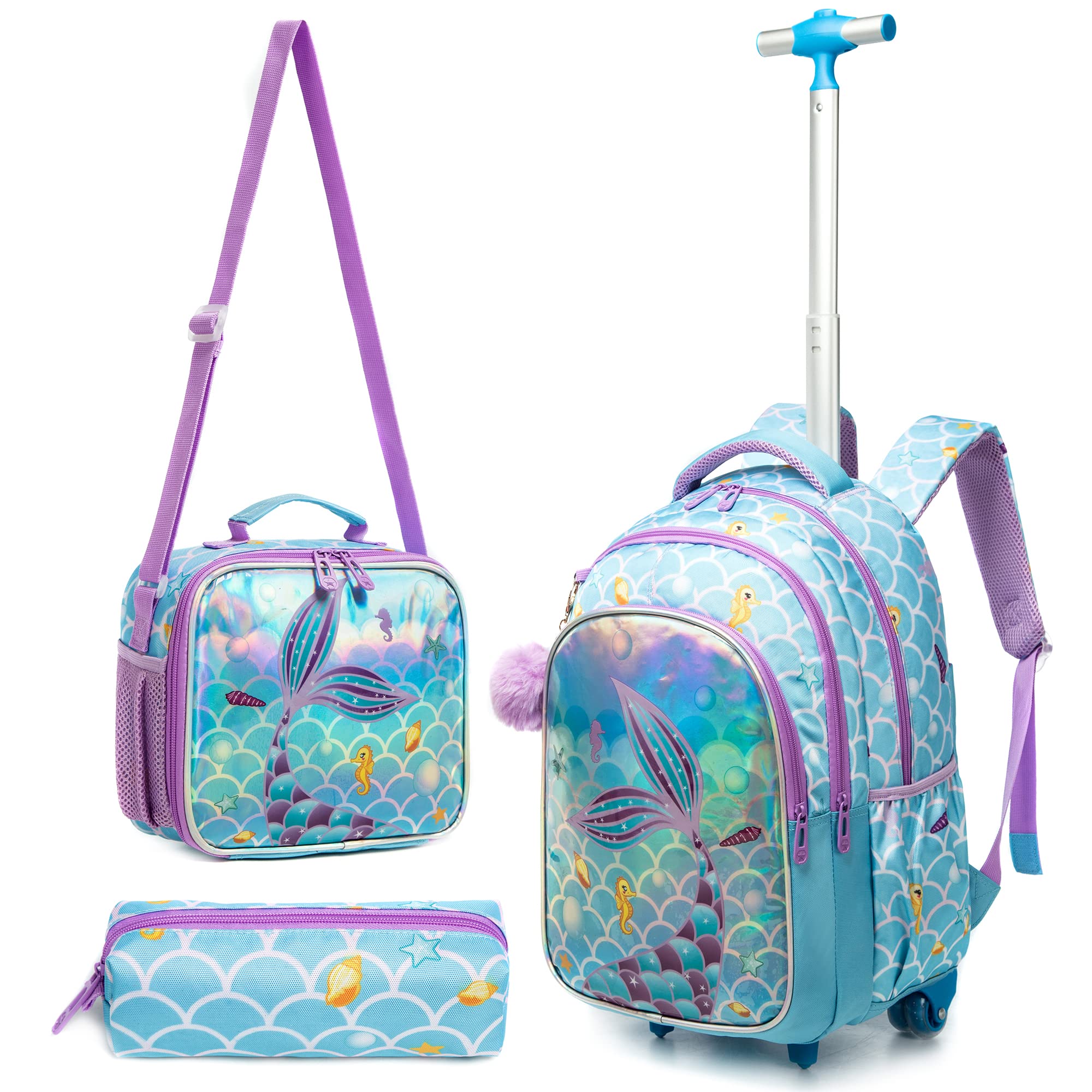 MOHCORolling Backpack 18 inch with Lunch Bag and Pencil Case Wheeled School Backpack for Boys and Girls