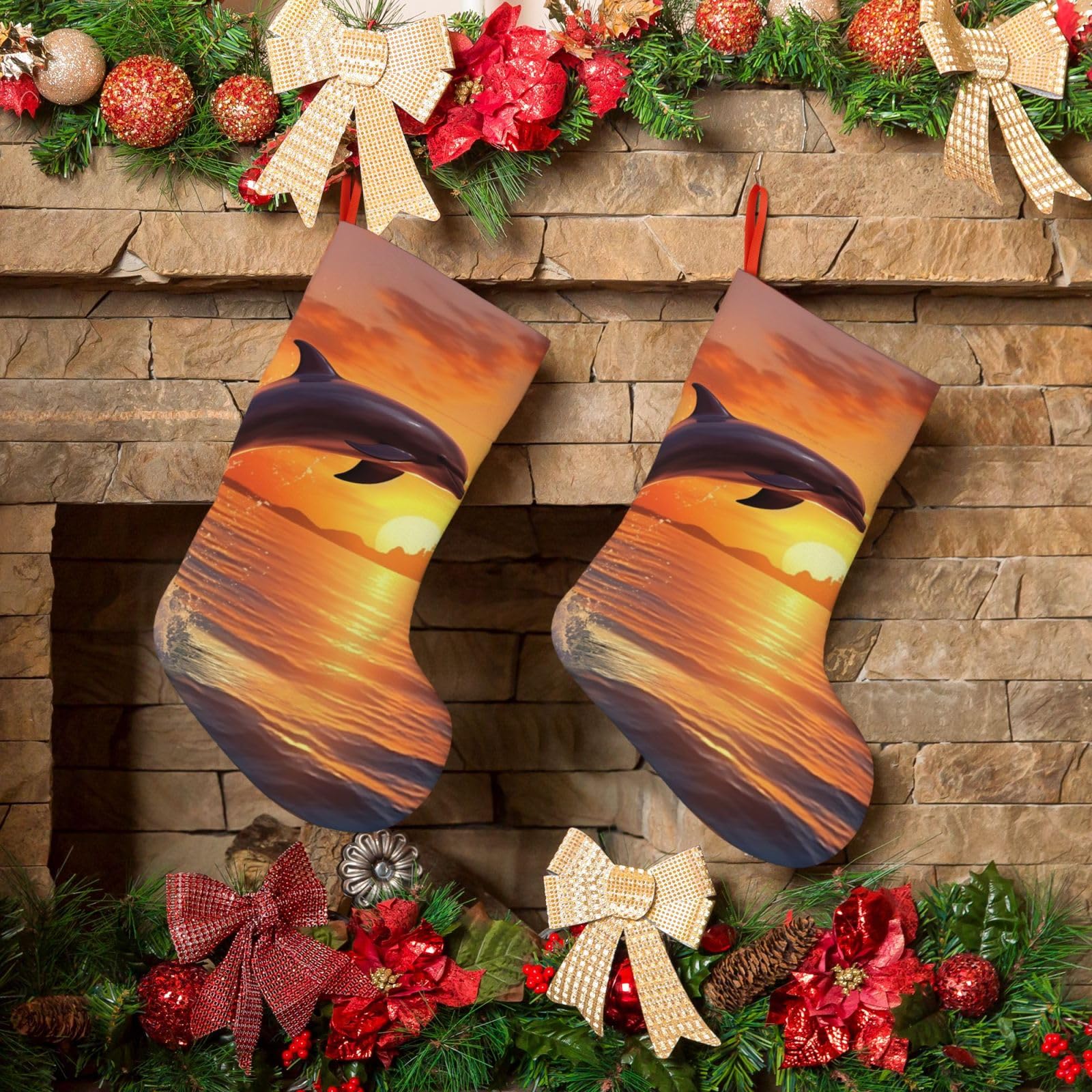 Sunset Dolphin Christmas Stockings 18 Inches Velvet Xmas Fireplace Hanging Stocking Rustic Christmas Santa Stockings for Home Christmas Decorations Party Favor Supplies
