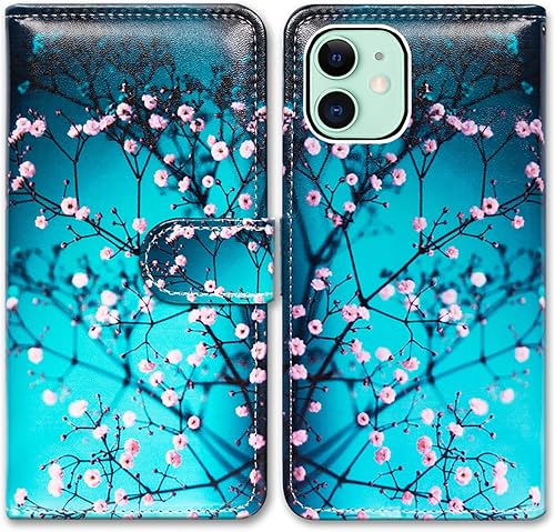 Funda para iPhone 13, diseño de flor de ciruelo de cuero con tapa para teléfono con ranura para tarjetas, soporte para iPhone 13