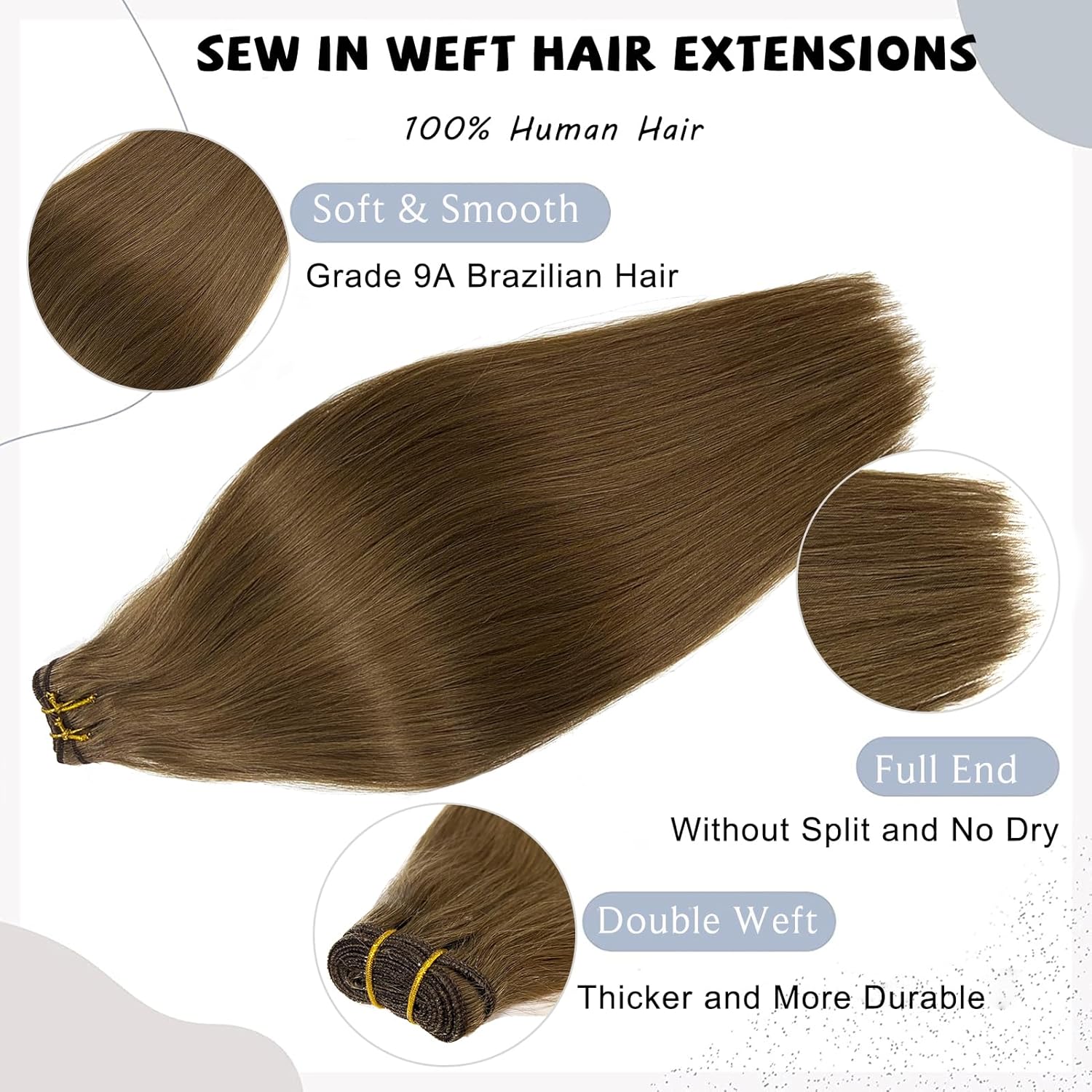 Ash Brown Hair Wefts Sew in Extensions Real Human Hair Wefts 12 Inch Hand Tied Weft Hair Extension Remy Human Hair Bundle Light Brown Sew in Weave Hair Extensions for Women 80G