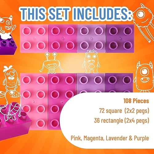 Miniatura 3 de Strictly Briks - Big Briks Set, bloques de construcción grandes para edades de 3 años en adelante, 108 piezas, rosa, magenta, lavanda y morado