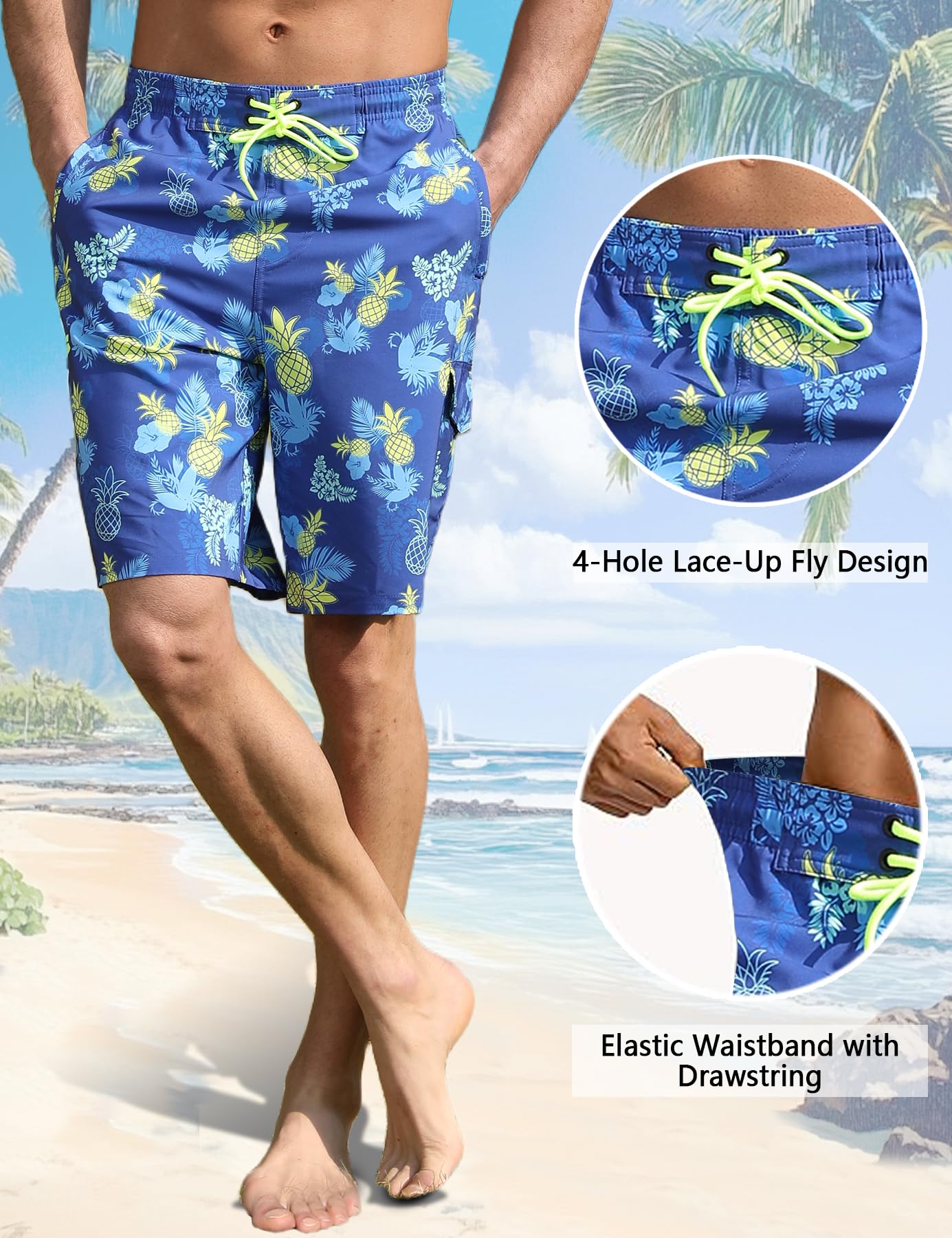Mens Swim Trunks with Compression Liner Tropical Pineapple 9 Inch Beach Swim Shorts Bathing Suits Quick Dry Hiking Cargo Shorts with Zipper Pocket