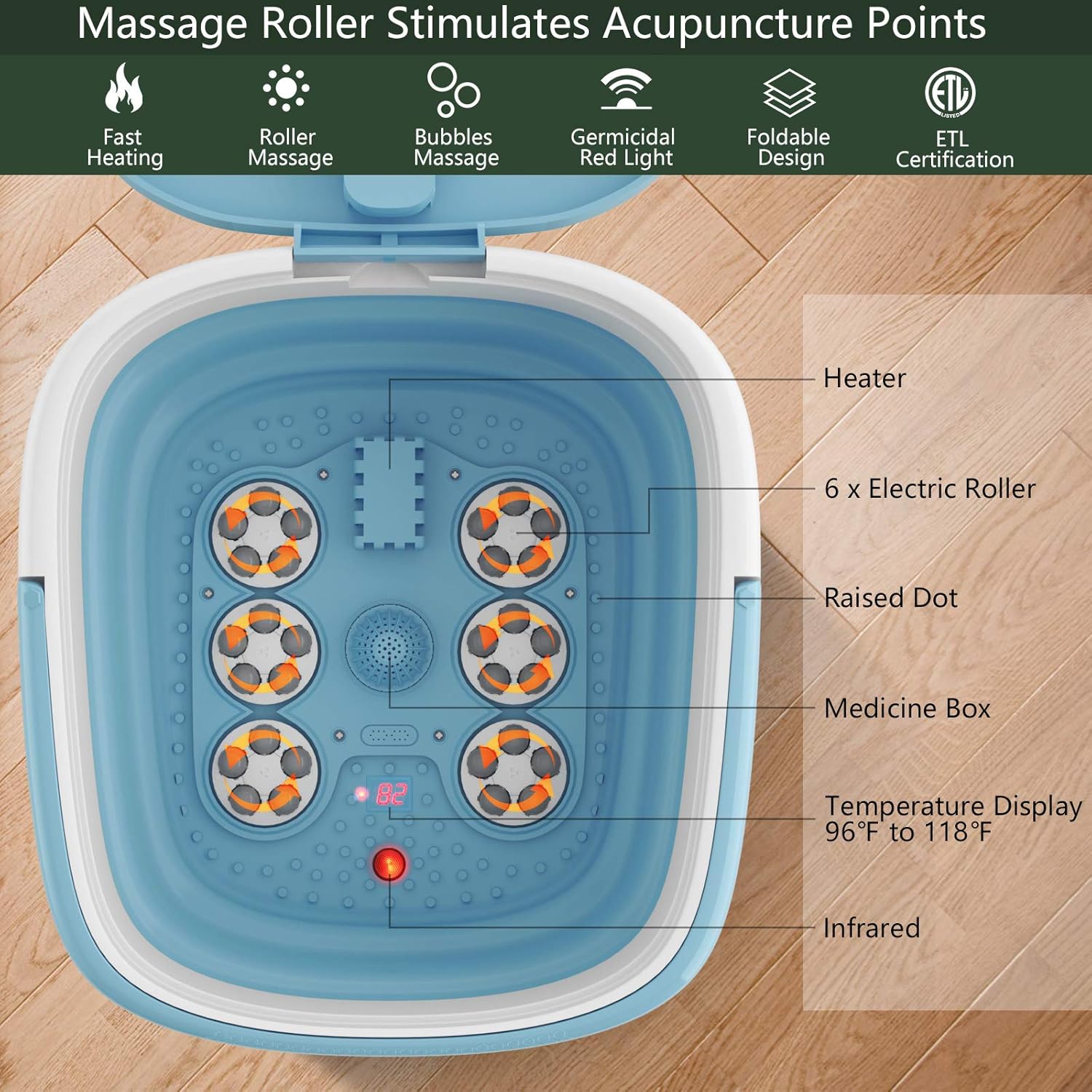 Giantex Foot Spa/Bath Massager Collapsible 6 in 1, Heat, Bubbles, 6 Motorized Shiatsu Rollers, Vibration, Time & Temperature Settings, Pedicure Tub Bath w/Folding Cover, Feet Salon Tub (Blue) : Beauty & Personal Care