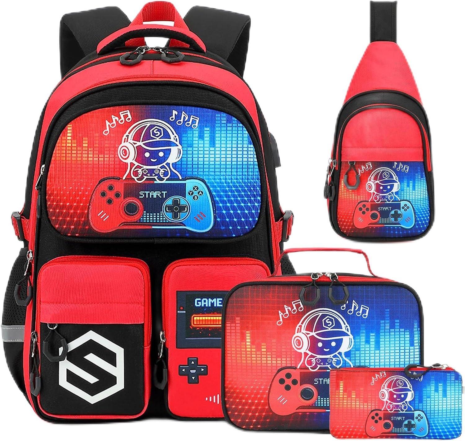 DIGOBAY Kids Backpack for Boys, 4PCS Cool Luminous Gamer Boys Backpack with Lunch Box Pen Case Sling Bag, School Bookbag with USB Charging Port for Teens Boy Elementary Middle School Bag Black&Red
