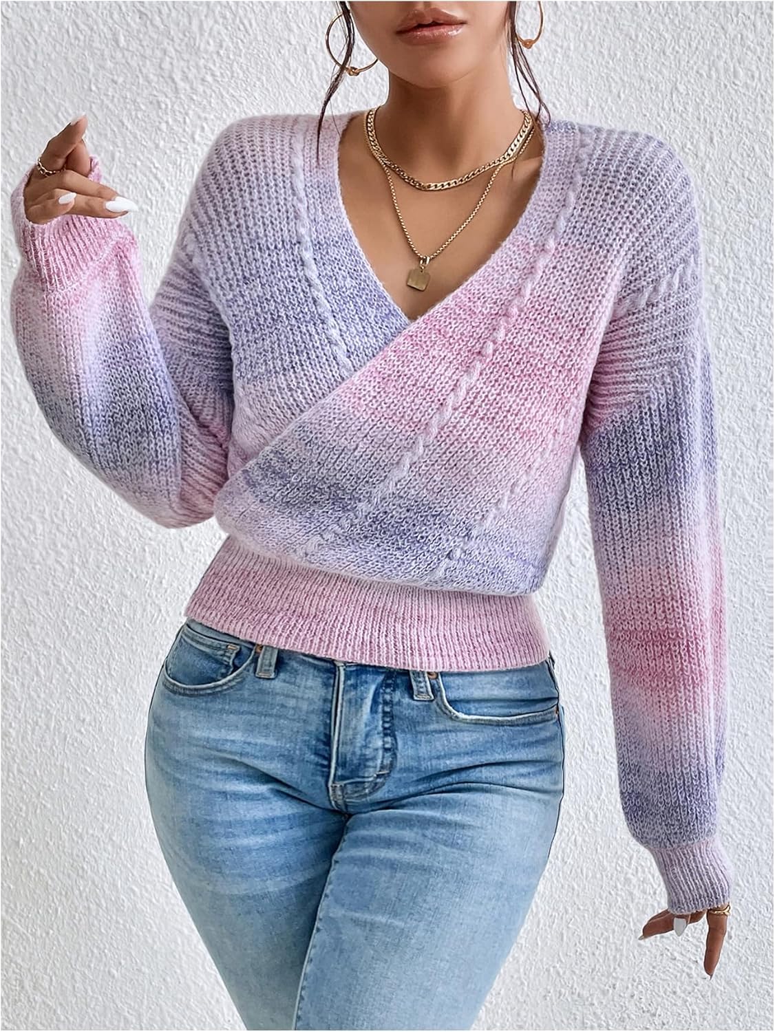 SOLY HUX Women's Tie Dye Sweater V Neck Wrap Long Sleeve Knit Pullover Fall Casual Jumper Tops - Image 5