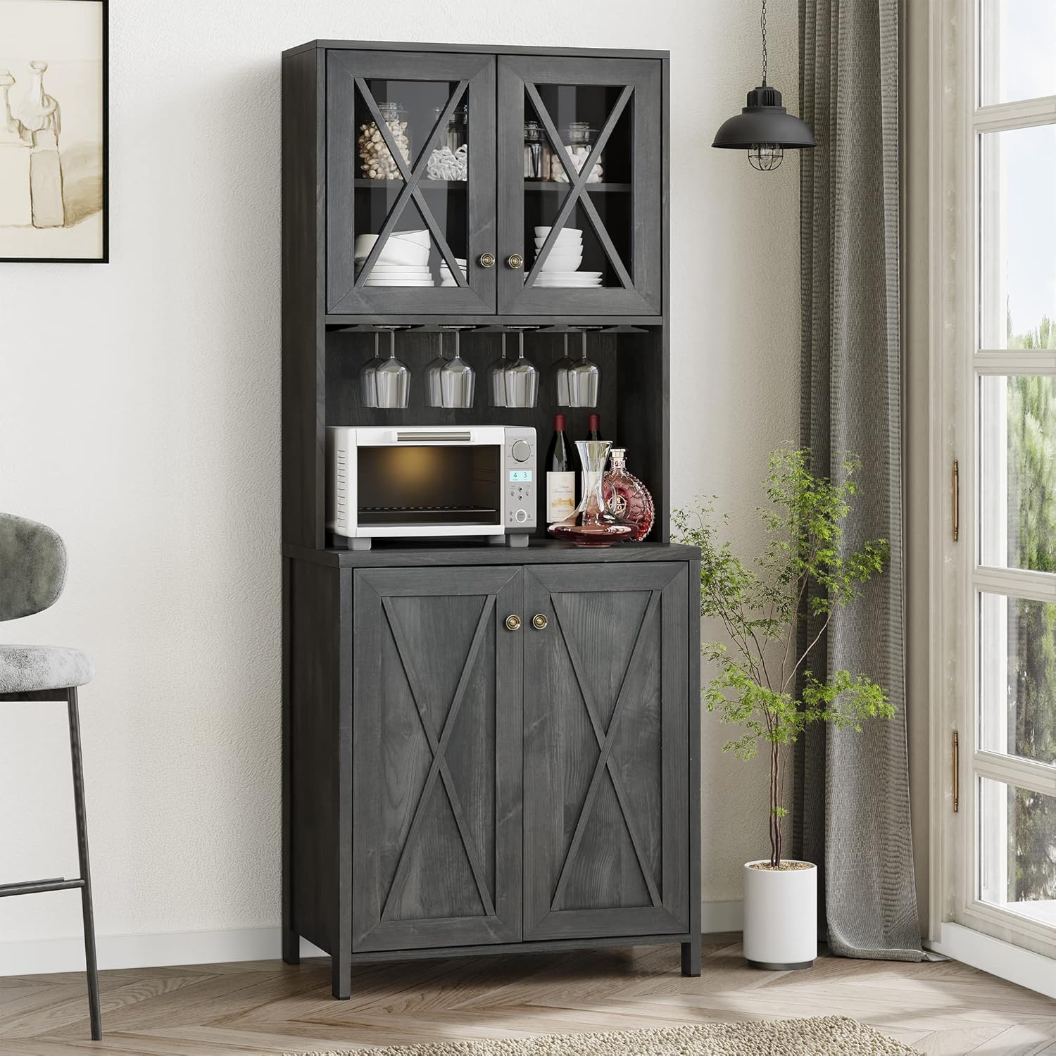 YITAHOME Kitchen Pantry Cabinet Storage with Microwave Stand, 67'' Tall Pantry Buffet Cabinet w/Acrylic Glass Doors and Glass Holder, Freestanding Hutch Cupboard for Home, Kitchen, Charcoal Grey Charcoal Grey Farmhouse