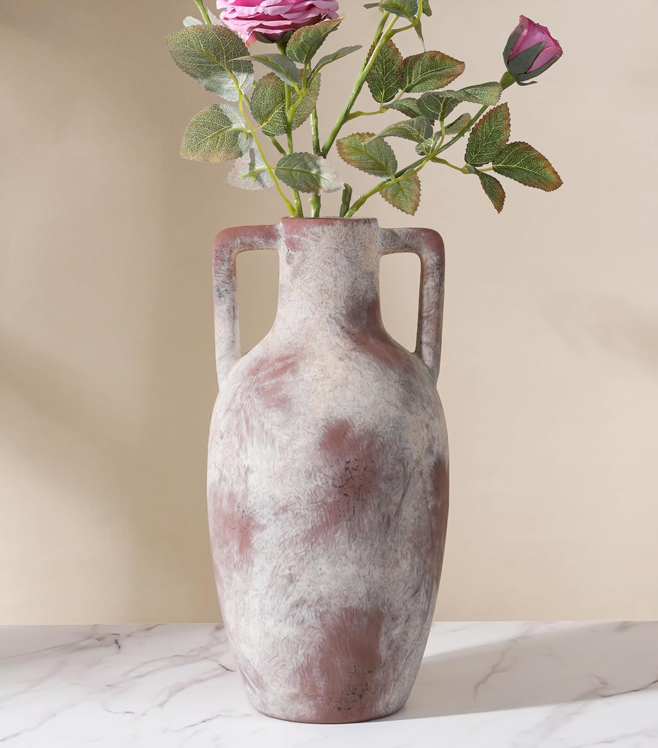 Ceramic Flower Vase with Handles, 12.8 inch Tall Farmhouse Vase Rustic Vases Decorative Pottery Vases Large Floor Vase for Home Decor Living Room Bookshelf Table Centerpiece Fireplace, Terracotta