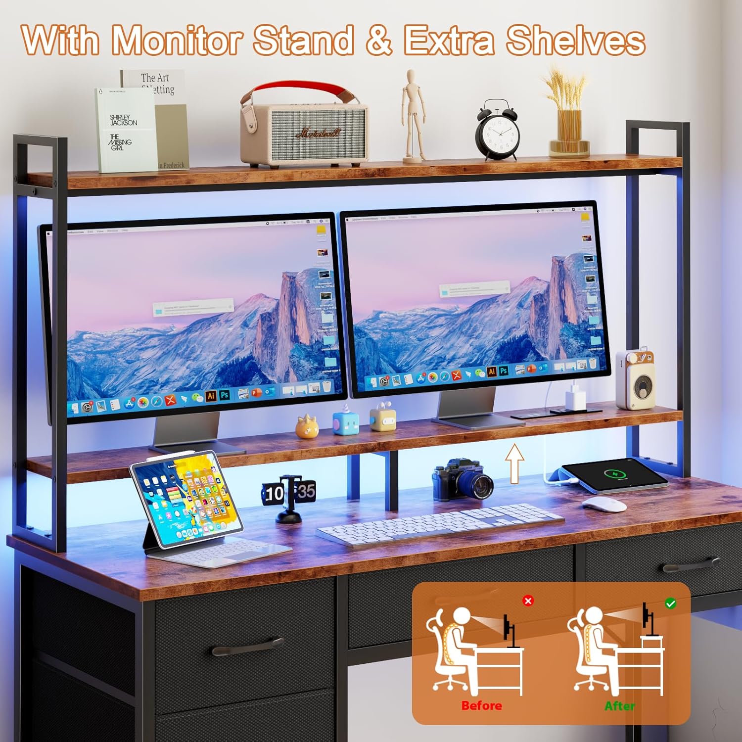 Size 47 Color black Computer Gaming Desk with Hutch, Home Office Desk with Power Outlets, LED Light, 5 Storage Drawers, 2 Tiers Shelves for Display, 47 Inch Modern Study Writing Table for Bedroom