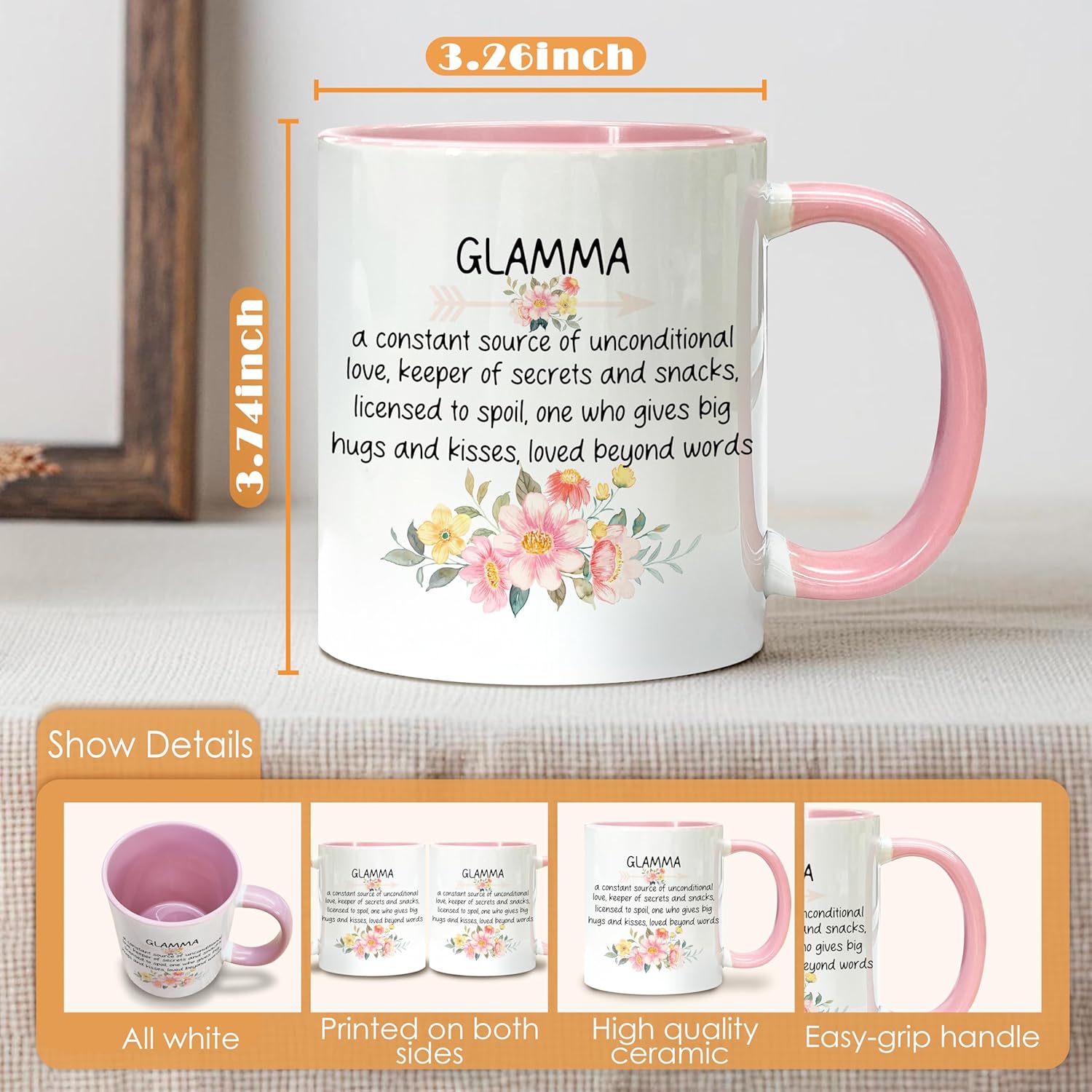 Glamma Definition Coffee Mugs, Floral Grandma Coffee Tea Cup, Glamma Gifts For Christmas Xmas Birthday Mothers Day From Granddaughter Grandkids Grandson Pink Ceramic Coffee Mug 11oz - Image 7