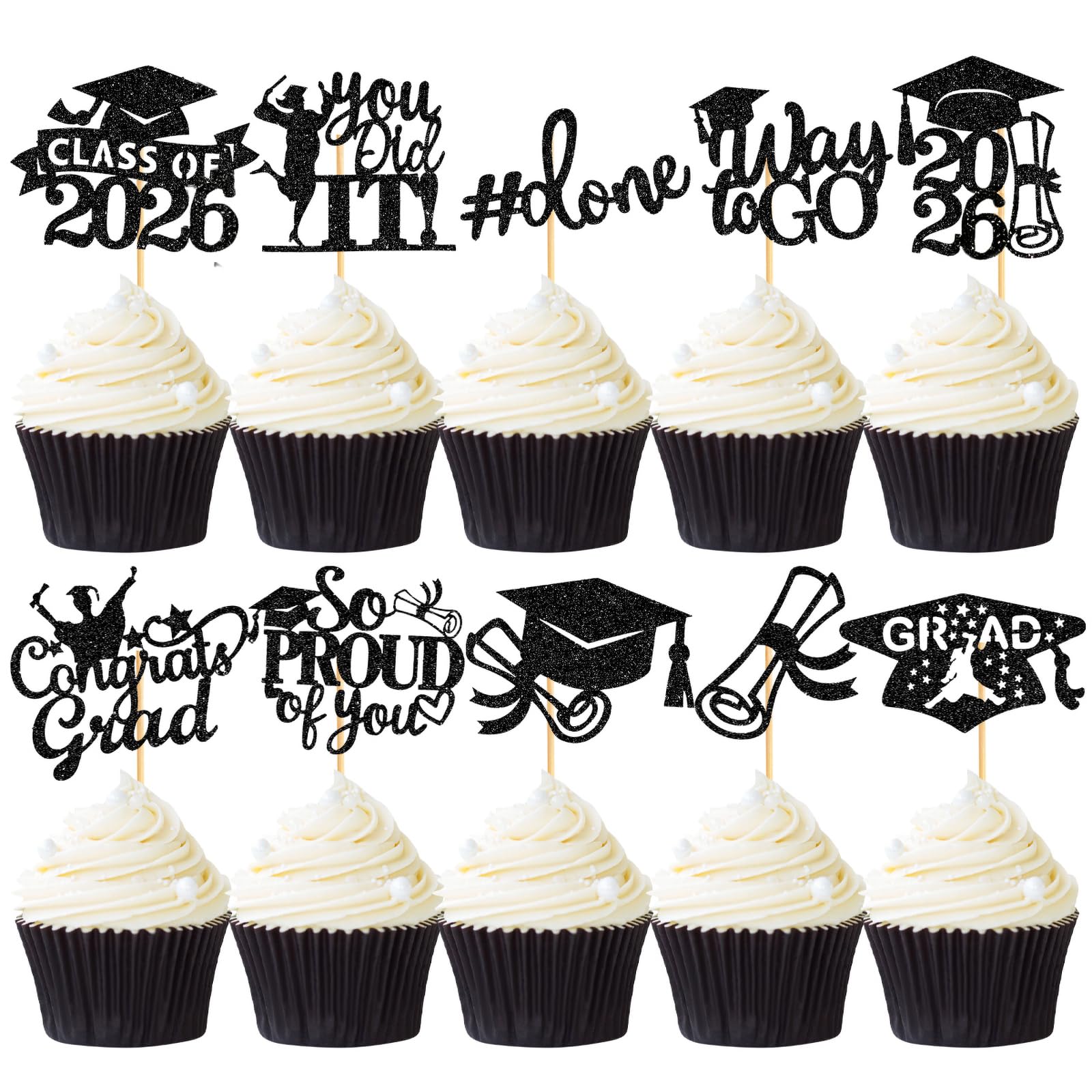 CharmeFleur 30 Pieces Graduation Cupcake Decoration Glitter Vintage 2026 Cupcake Toppers Graduation Hats Cake Adornments 2026 Celebration Accessories