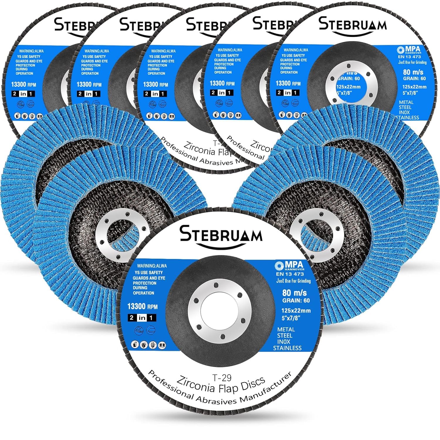 STEBRUAM 10 pezzi dischi lamellari da 125 mm, Disco Abrasivi grana 60, per Smerigliatrice Angolare a Batteria, GWS, BTI, Acciaio Inossidabile Metallo e Legno