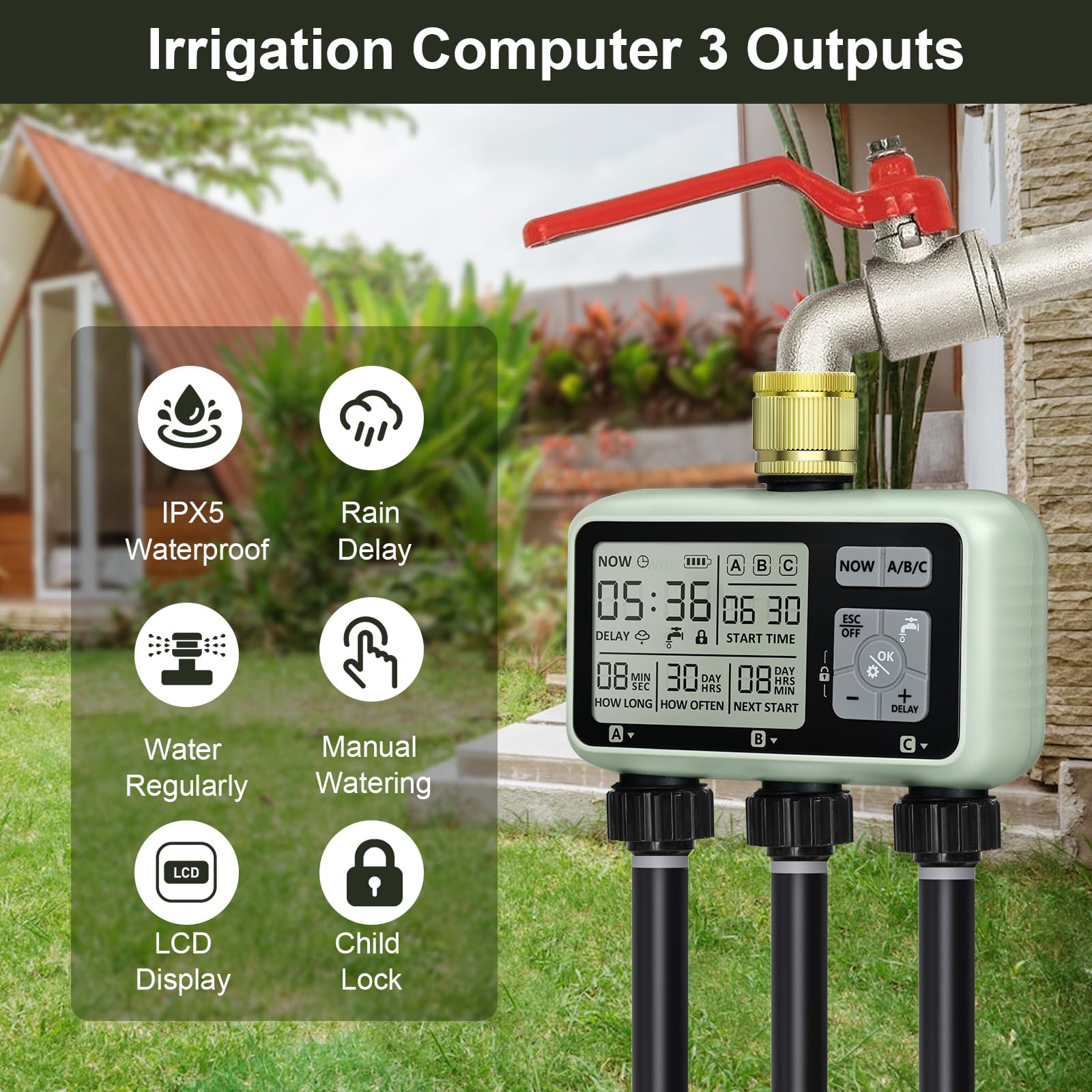 Johgee Computer di irrigazione 3 uscite indipendenti con ingresso in ottone, orologio digitale per irrigazione con ritardo della pioggia, controllo automatico/manuale di irrigazione, timer per