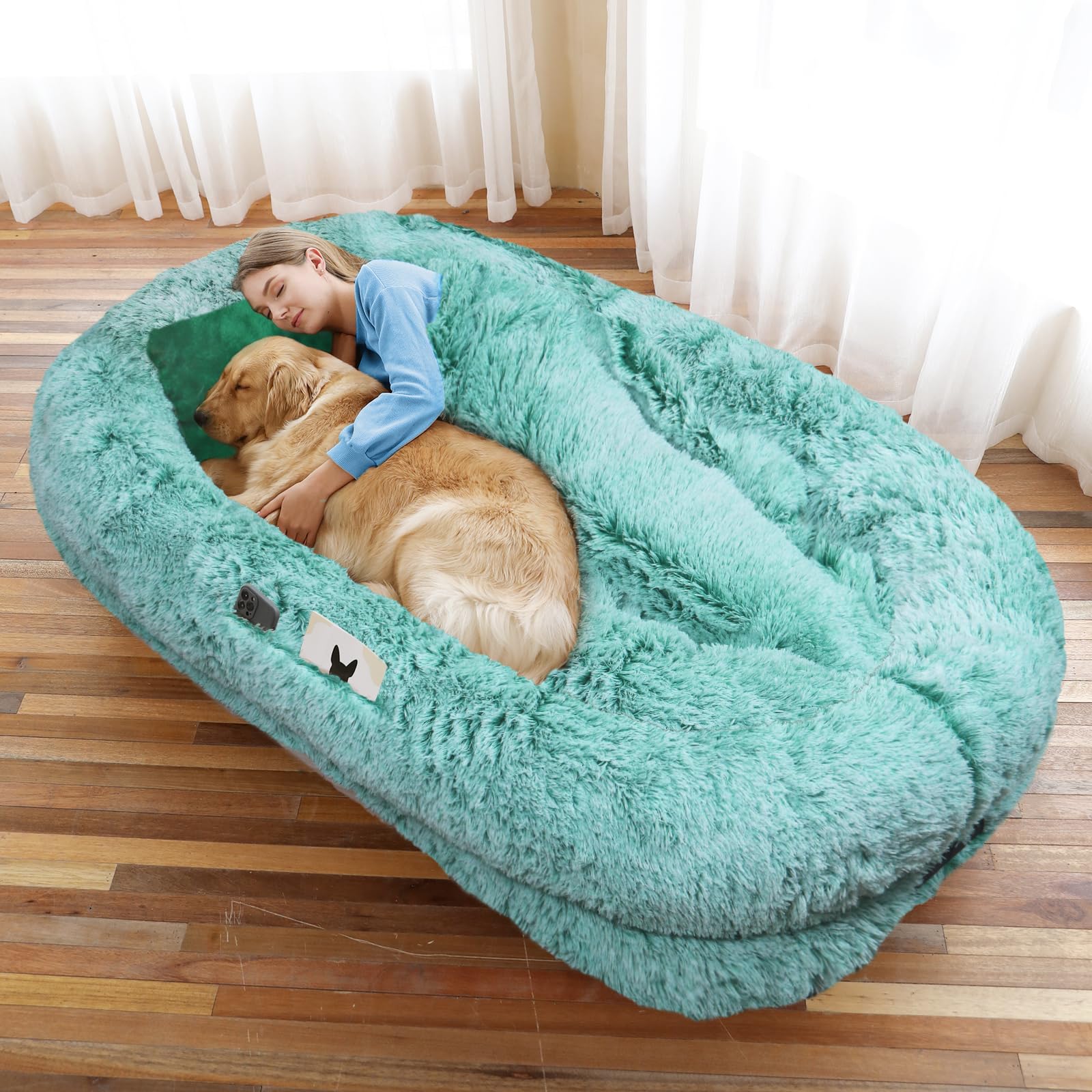 Human Dog Bed, 71''x45''x12'' Size Fits You and Pets, Washable Faux Fur Pet Bed for People Doze Off, Napping Orthopedic Dog Bed, Present Plump Pillow, Blanket, Strap - Pink: 71.0"L x 45.0"W x 12.0"Th GreenWhite