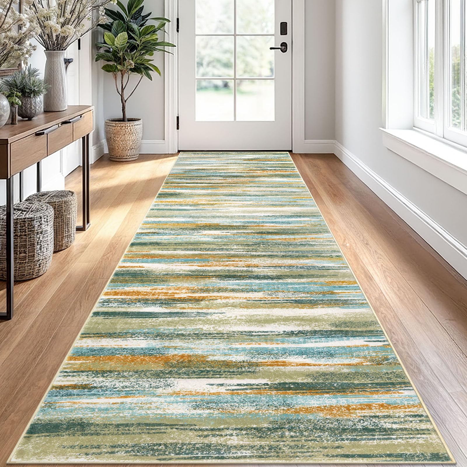Lansny Modern Abstract Runner Rug 2.6x10, Green Mustard Multi Washable Long Kitchen Runner Non-Slip Soft Hallway Rug Runner Thin Print Faux Wool