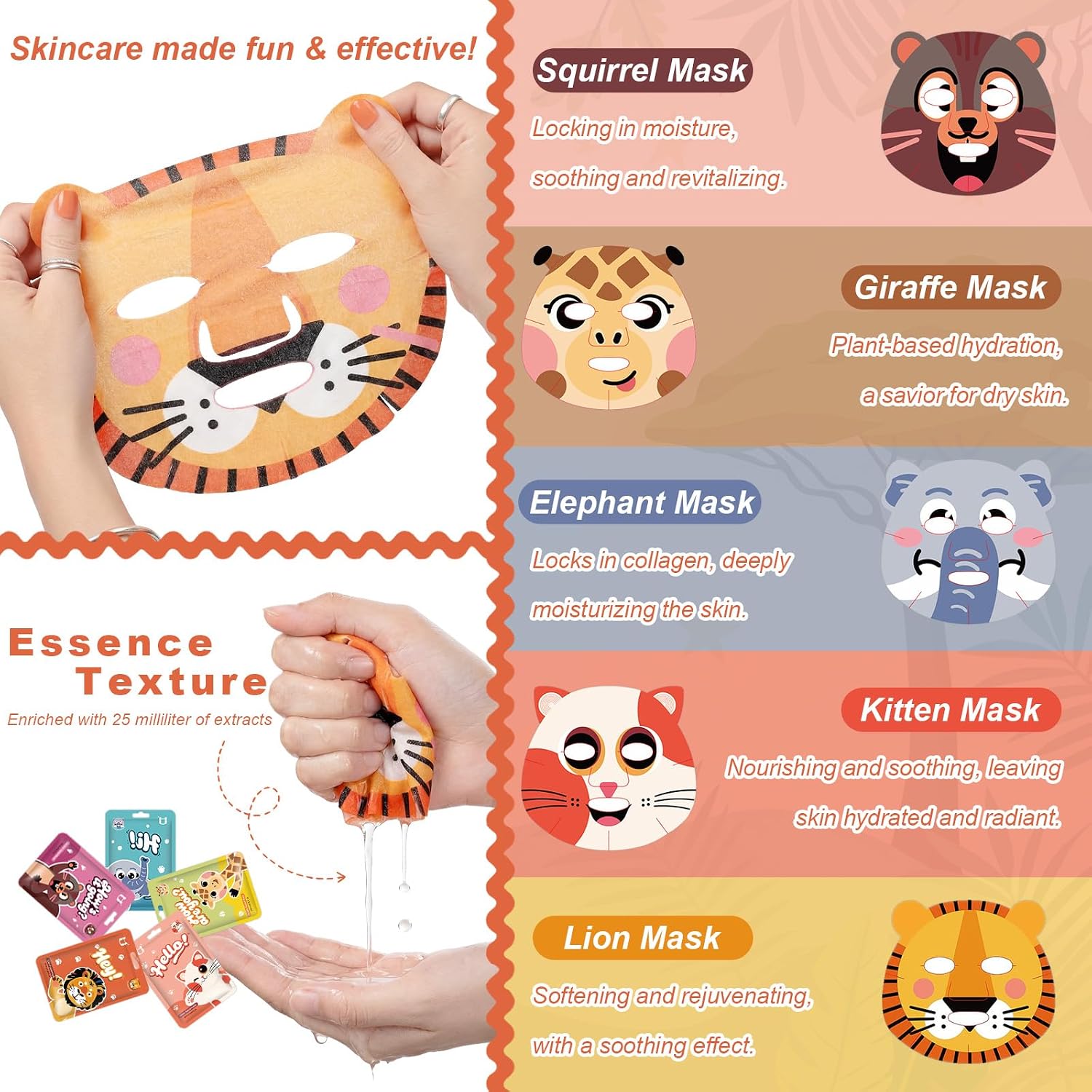25 Pack Animal Facial Masks Bulk Sheet Hydrating Skincare Spa Face Masks Party Favors for Women Girls Mothers Gift Sleepover Slumber Birthday Party Gifts, 4.5 x 6.5 Inch