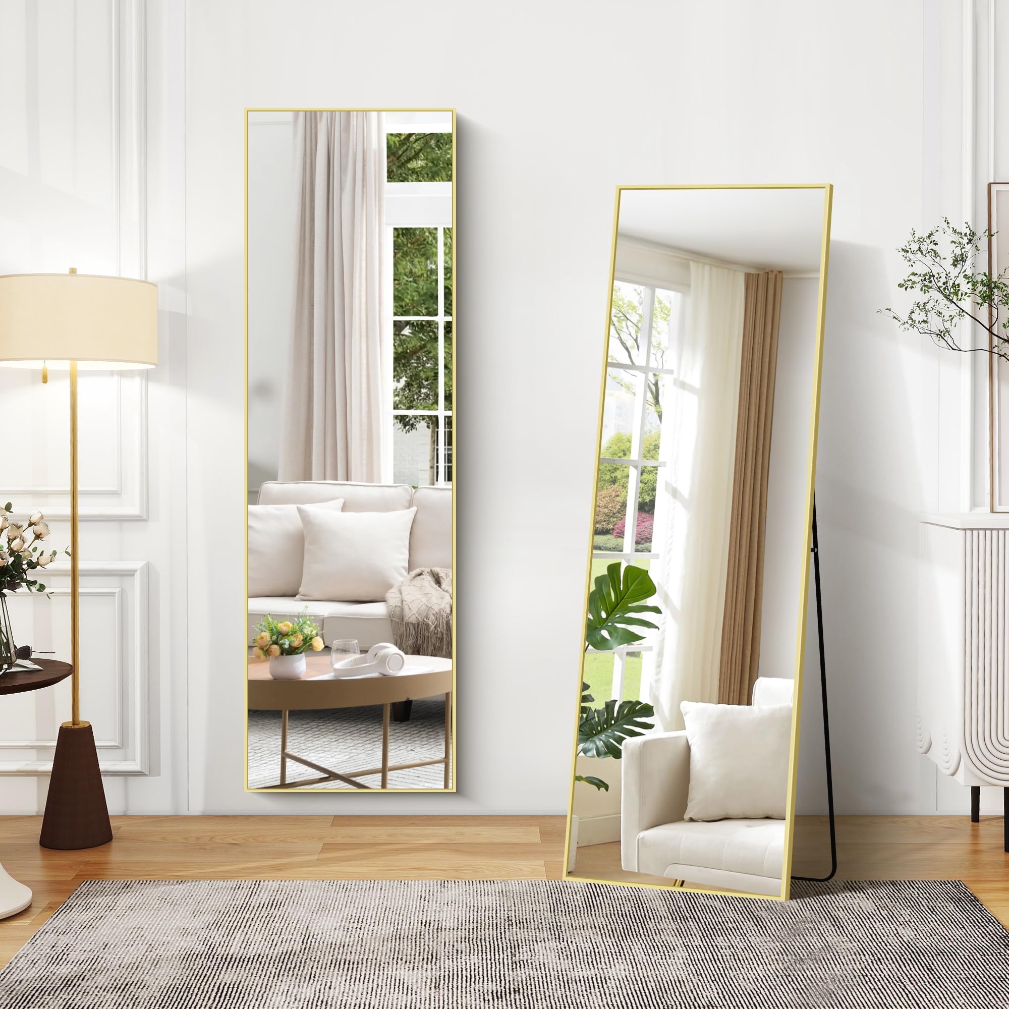 COFENY Specchio da Terra, 147 x 44 cm Specchio da Parete Grande con Cornice in Alluminio, Specchio da Terra da Appoggiare o Appendere per Soggiorno, Camera da letto, Soggiorno, Ingresso, Oro