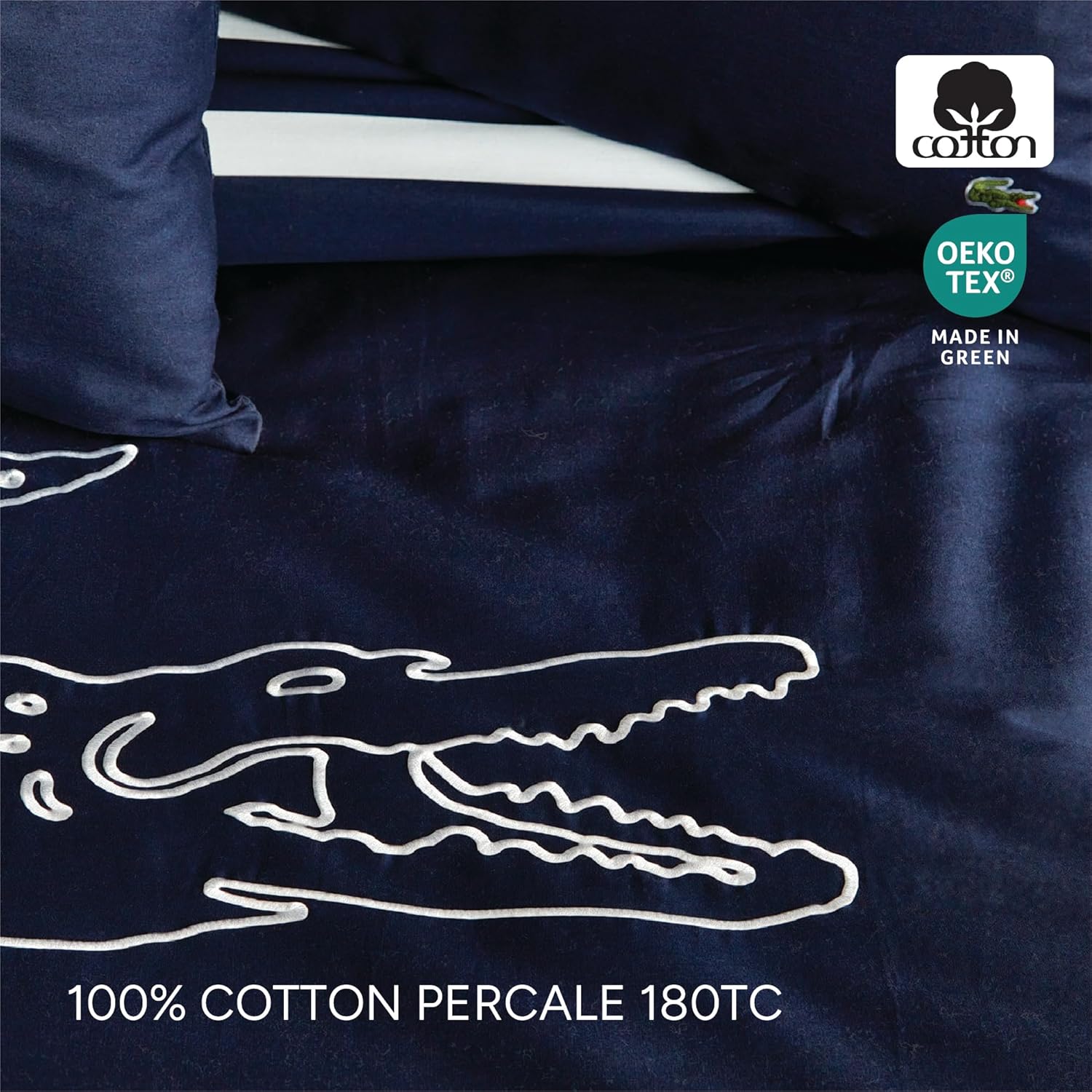 Lacoste Big Croc Comforter Set – 100% Cotton Percale 180-Thread Count, Reversible Duvet & Pillow Shams, Soft Breathable, Iconic Croc Logo, Navy, King
