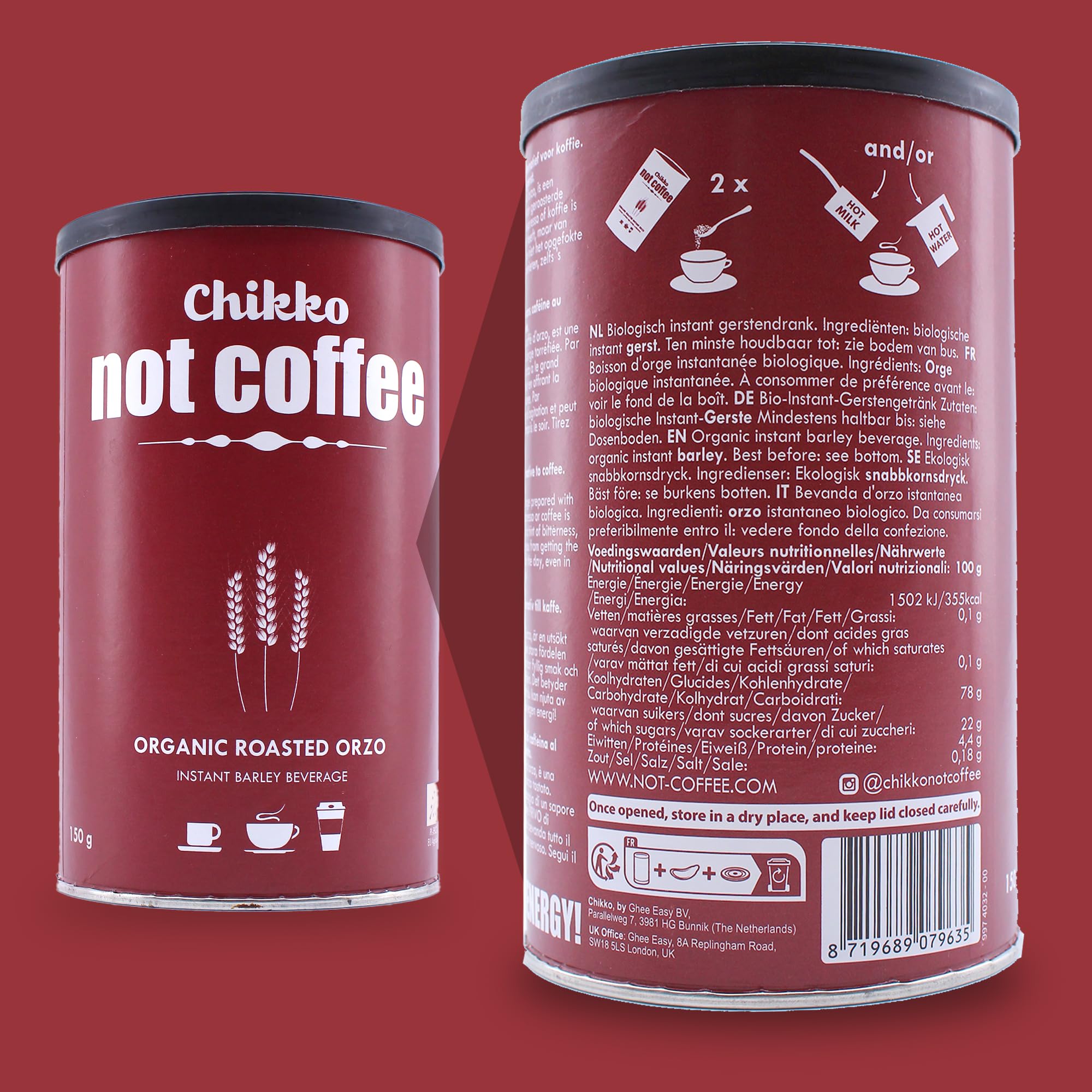 Chikko Not Coffee BIO Cebada Café Instantáneo 150g - Café de cebada tostada - Alternativa al café descafeinado - Sin aditivos ni productos químicos - 100% Producto europeo
