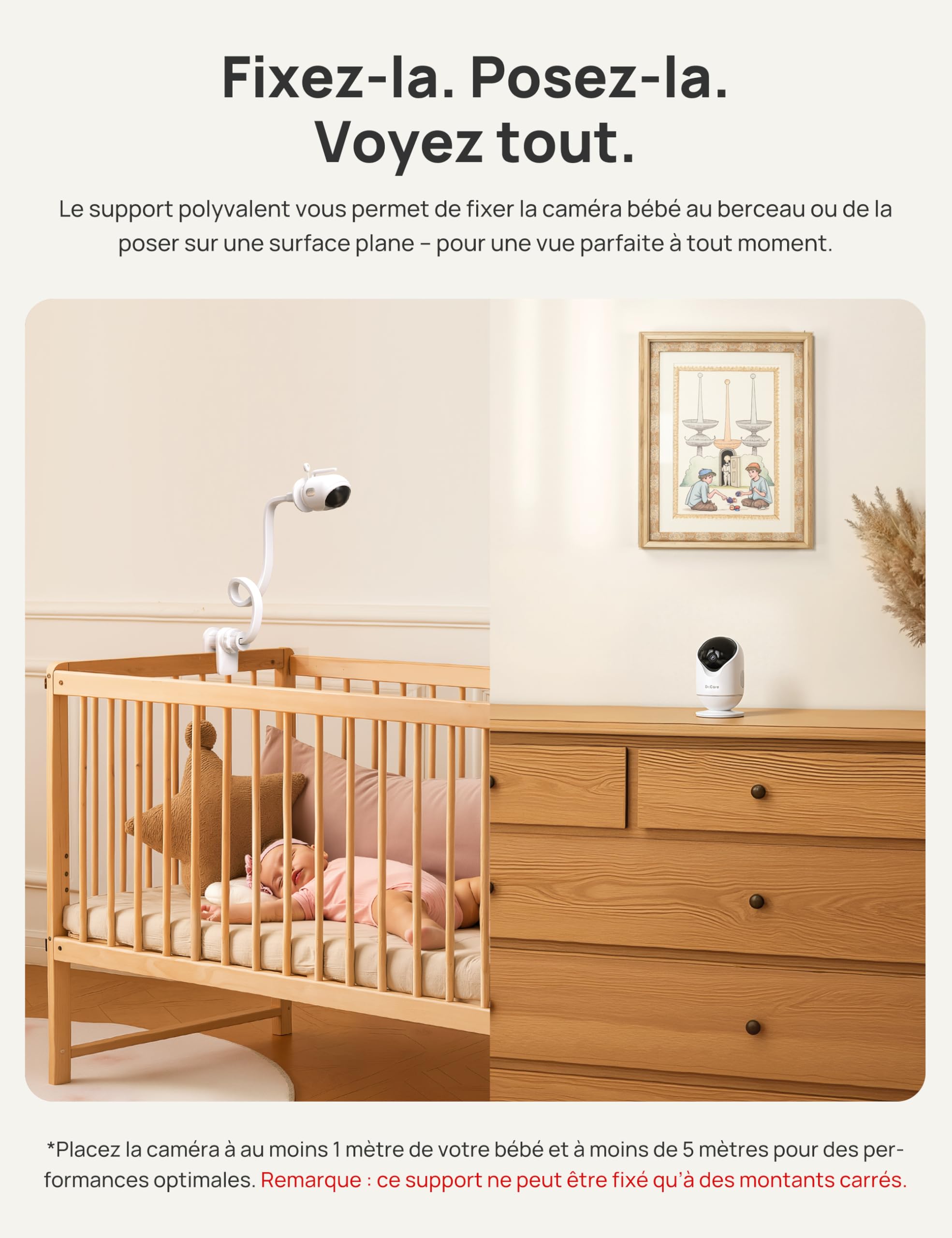 Dr.Care VistaView 5” Moniteur Bébé WiFi avec Support Clip - Caméra 2K HD, Contrôle Via Application, Alertes de Pleurs et Mouvement, Vision Nocturne, Batterie 5000mAh, Sécurité Triple