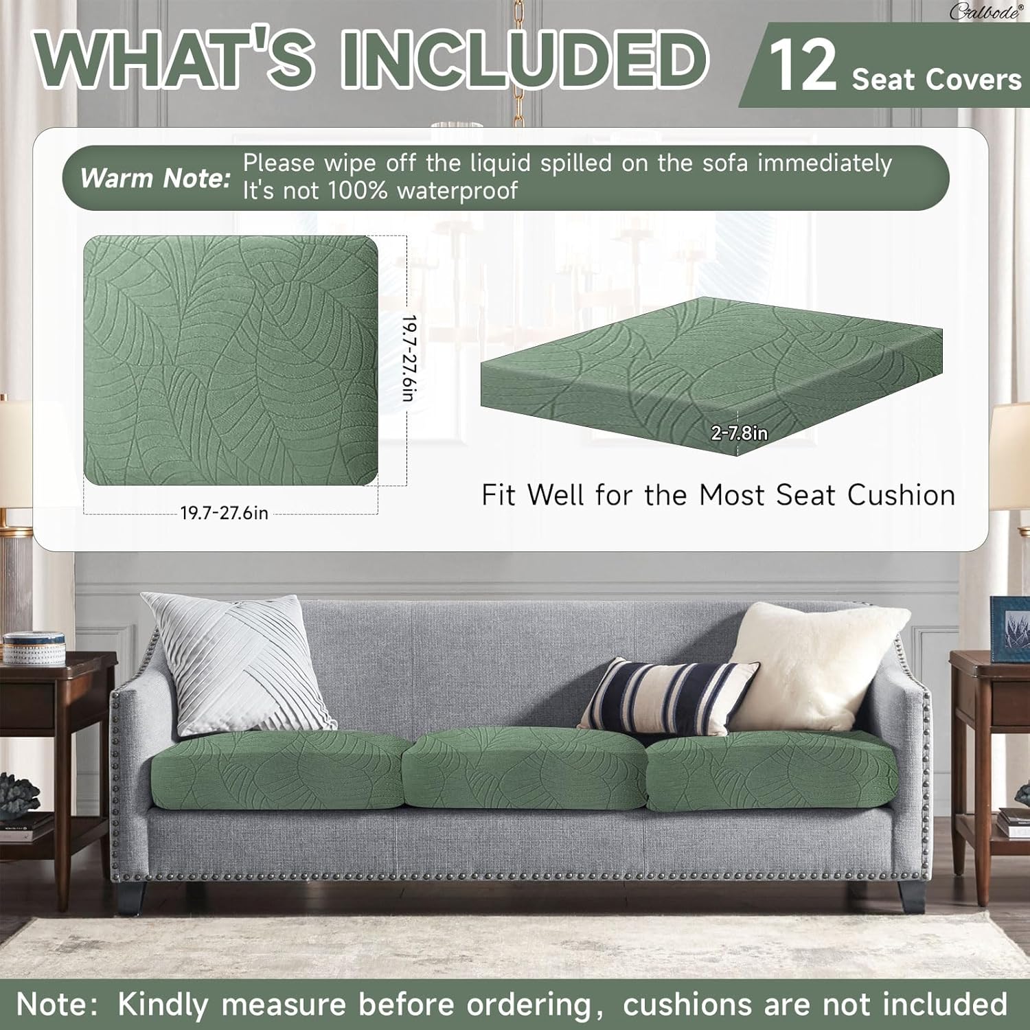 CALBODE 12Pcs Stretch Couch Cushion Covers, Water Resistant Outdoor Sofa Cuhsion Cover Replacement,Washable Outdoor Patio Chair Seat Cushion Covers for Furniture Protect (Sage Green, Leaf Textured) 12PCS Water-resistant G01 Sage Green