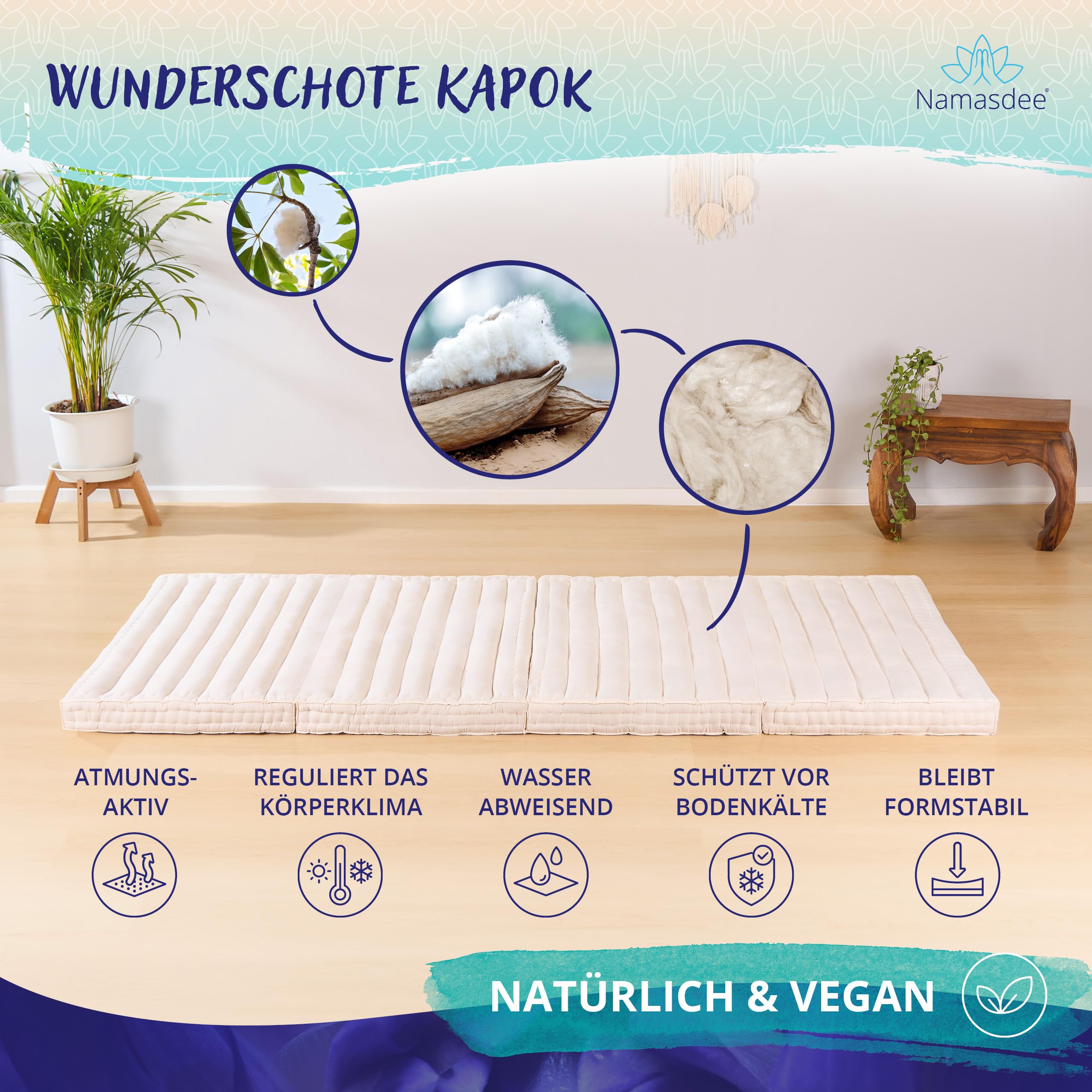 Klappmatratze 200x90x8cm mit 100% natürlicher Kapokfüllung (Weiß Uni)