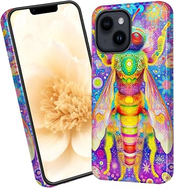 for iPhone 14 Case,Dual-Layer Hybrid Phone Cover with Military-Grade Protection, Durable Shockproof & Anti-Scratch Design, Non-Slip Grip,Psychedelic Rainbow Bee