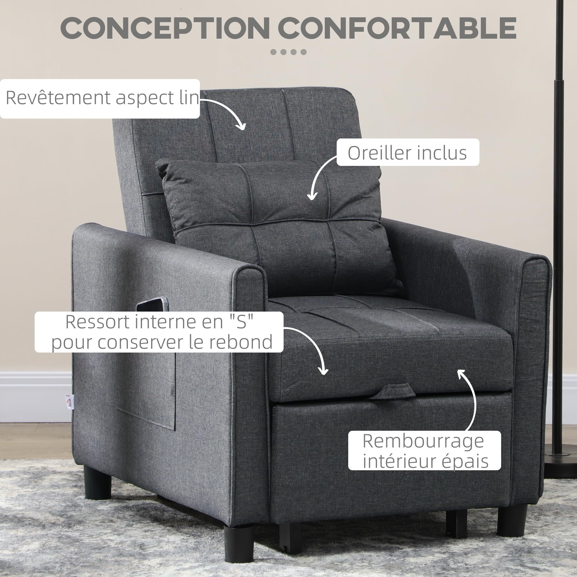 HOMCOM Fauteuil Convertible 1 Place 3 en 1 avec Oreiller Inclus Gris